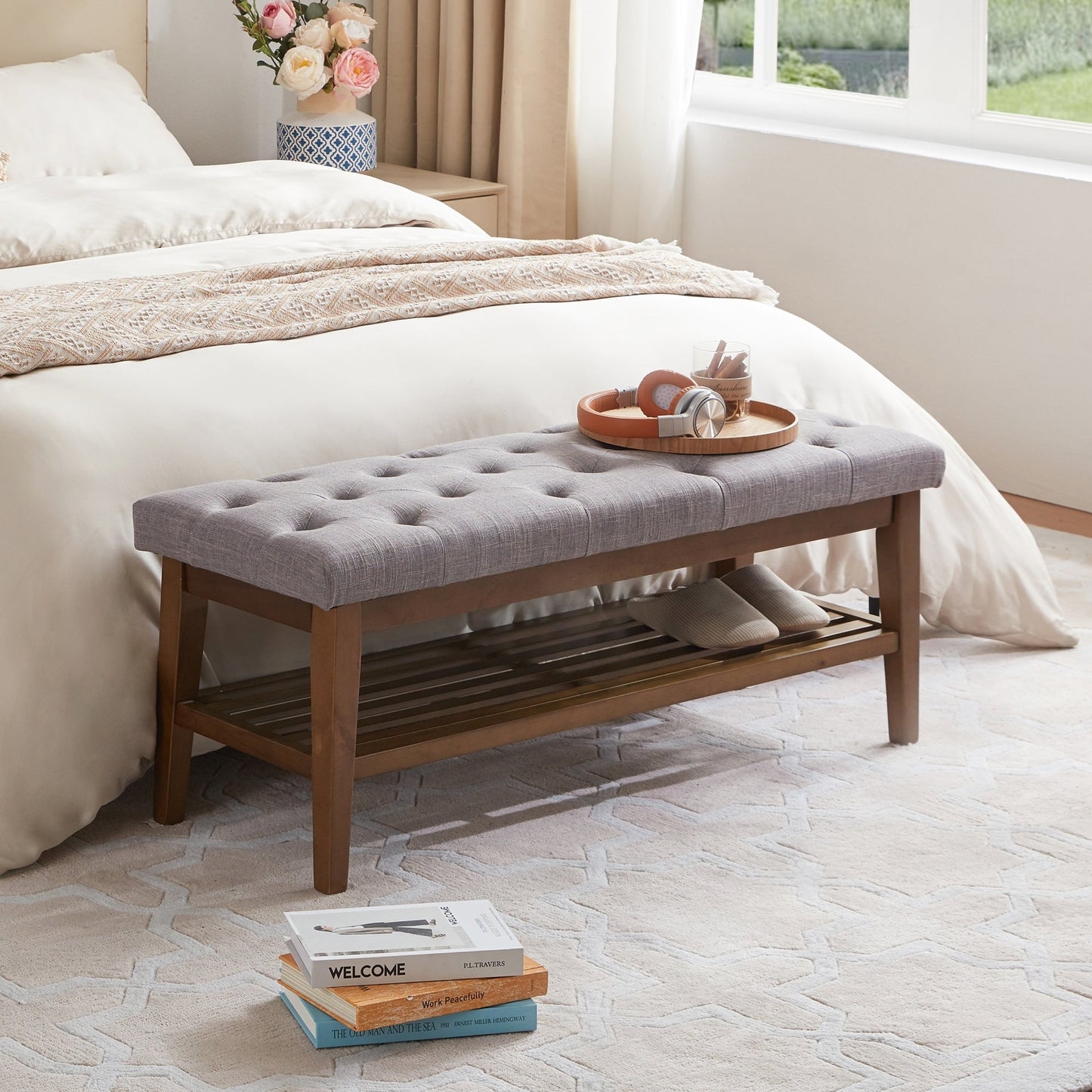 Banc à chaussures d'entrée, banc de rangement, tissu et bois massif, banc rembourré de 109 cm (43 pouces) pour salon et chambres à coucher