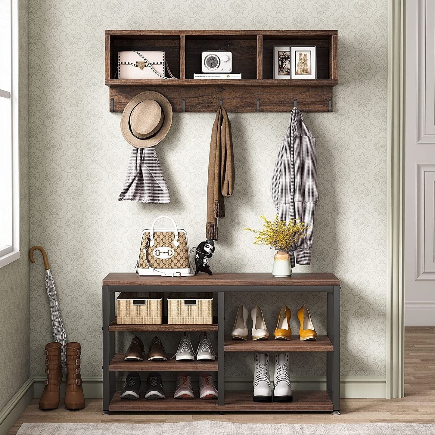 Ensemble porte-manteau et banc à chaussures pour entrée, porte-manteau et rangement à chaussures style industriel