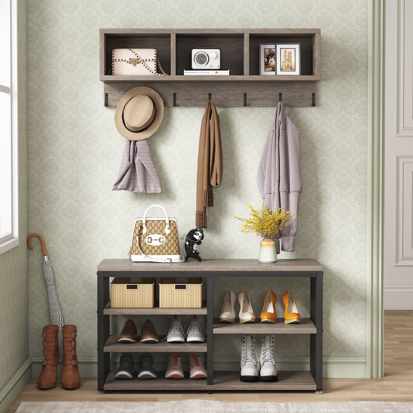 Ensemble porte-manteau et banc à chaussures pour entrée, porte-manteau et rangement à chaussures style industriel