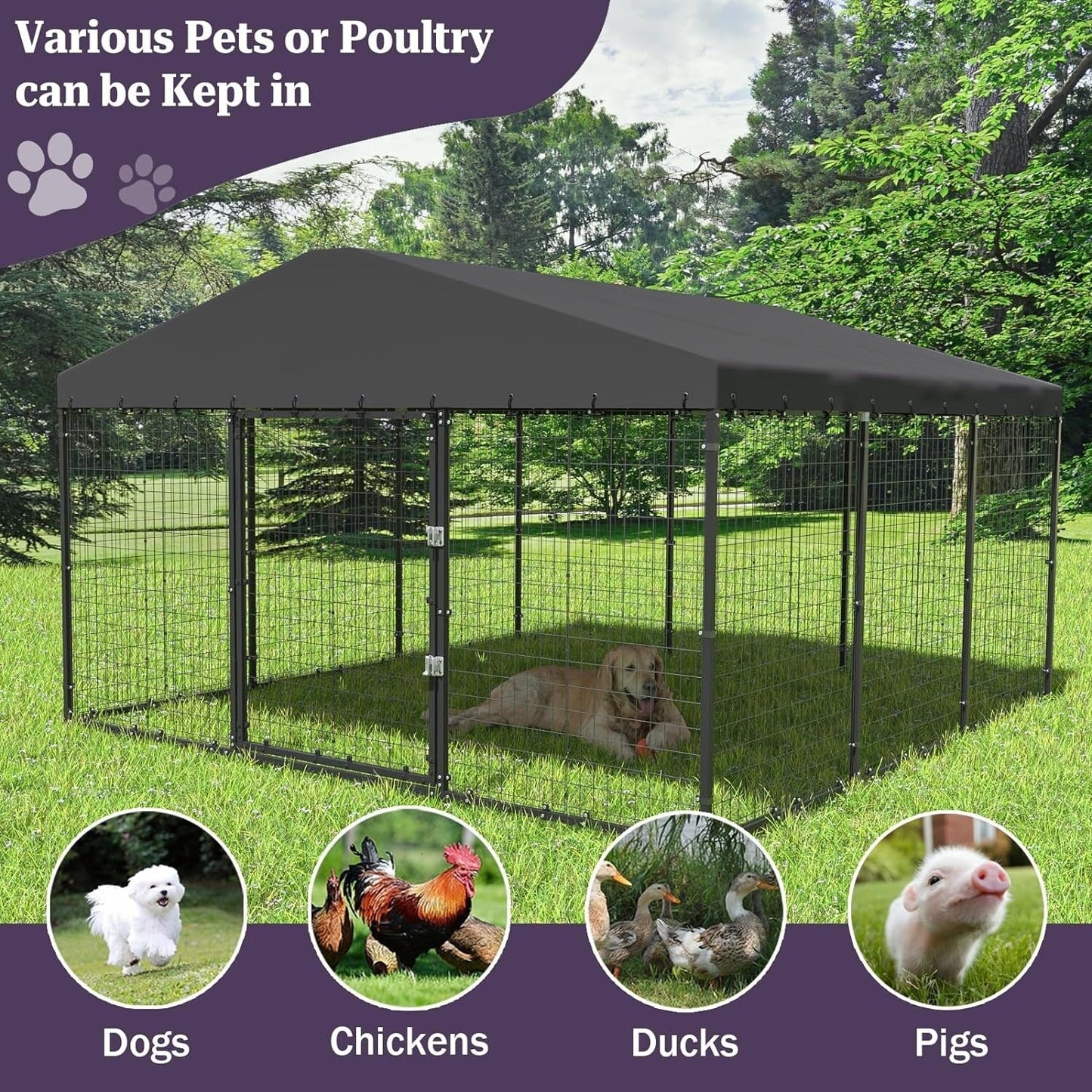 Grande cabane pour chien d'extérieur, 118 x 118 x 70 cm (L x l x h), enclos pour chien robuste avec toit étanche.