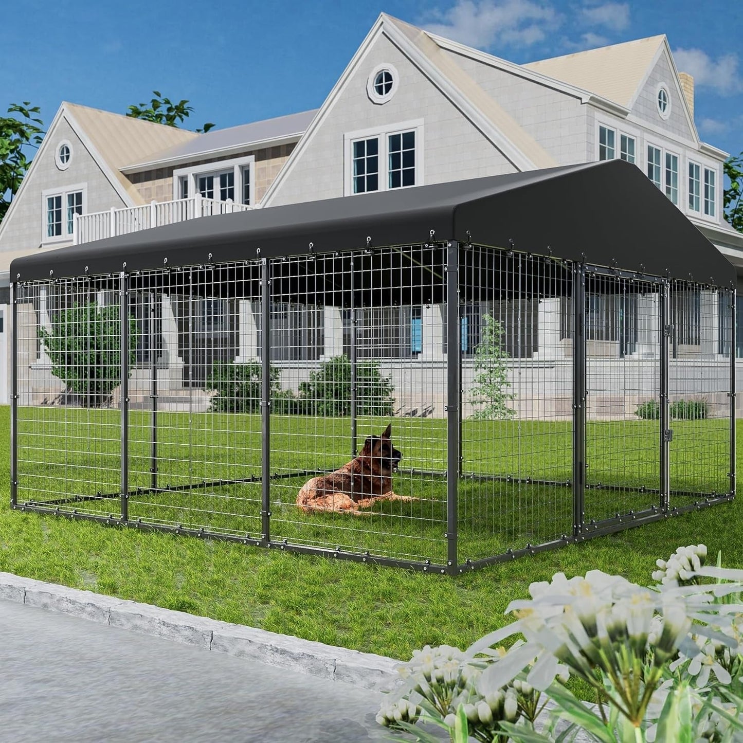 Grande cabane pour chien d'extérieur, 118 x 118 x 70 cm (L x l x h), enclos pour chien robuste avec toit étanche.