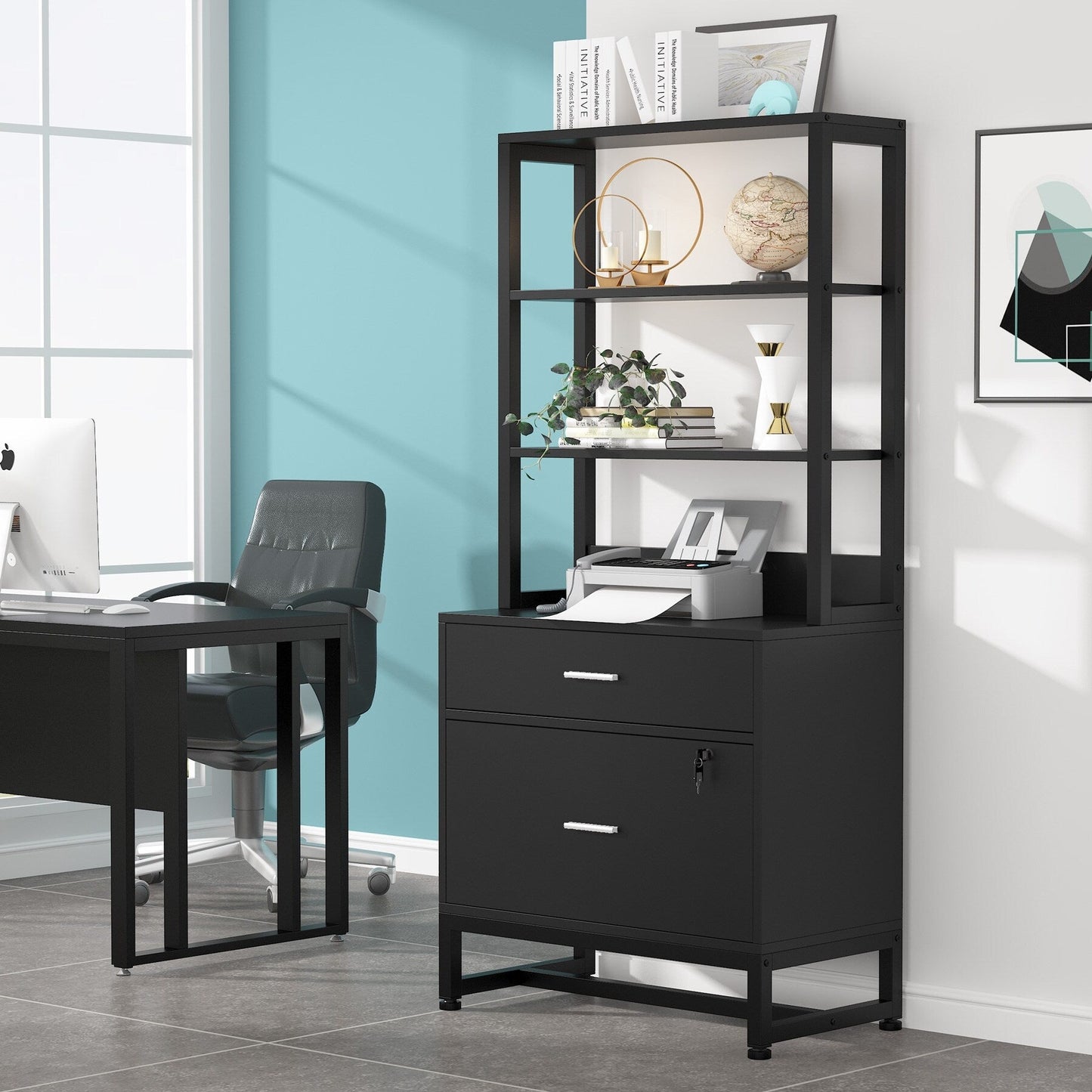 Armoire à dossiers avec 2 tiroirs, meuble de rangement moderne pour imprimante avec serrure