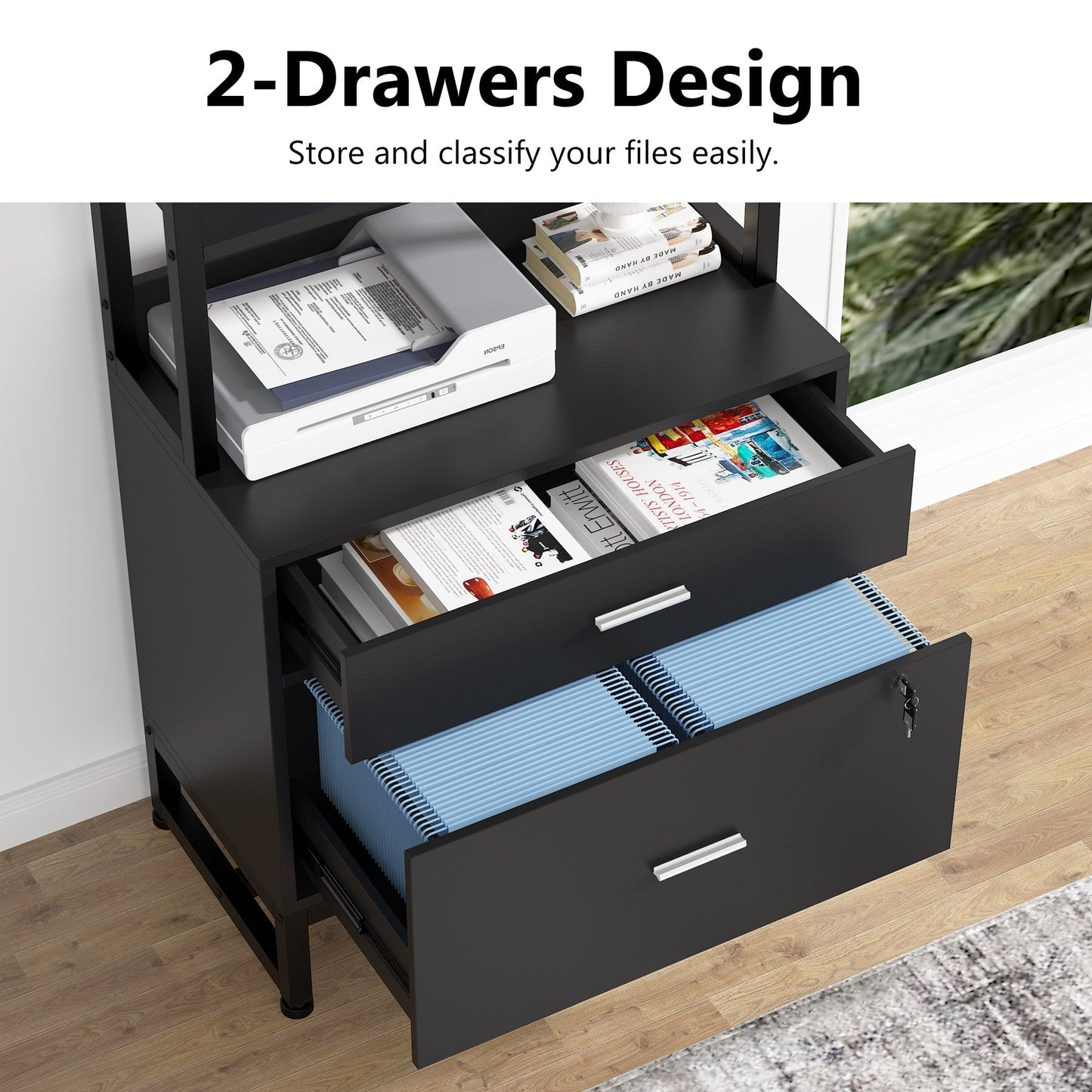 Armoire à dossiers avec 2 tiroirs, meuble de rangement moderne pour imprimante avec serrure
