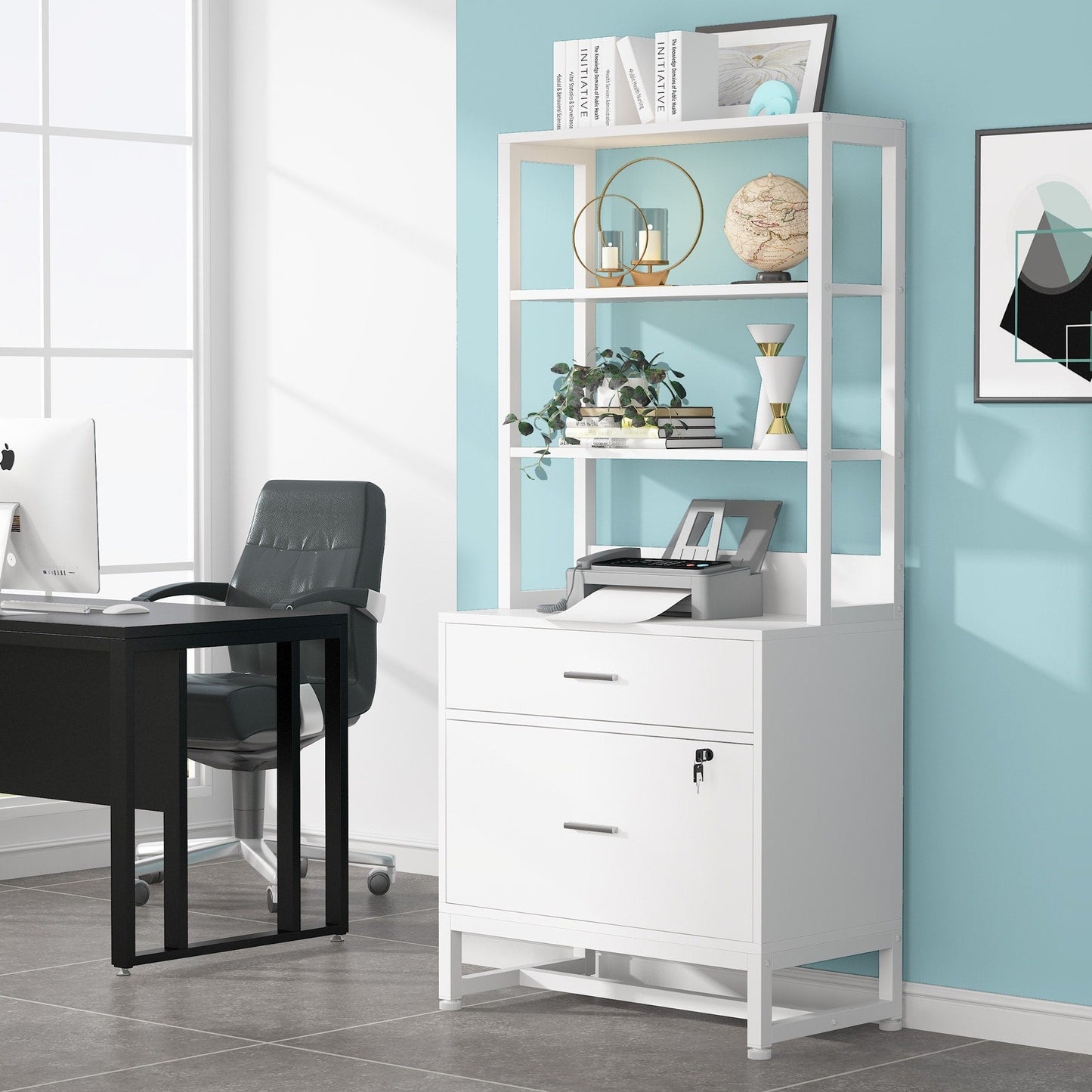 Armoire à dossiers avec 2 tiroirs, meuble de rangement moderne pour imprimante avec serrure
