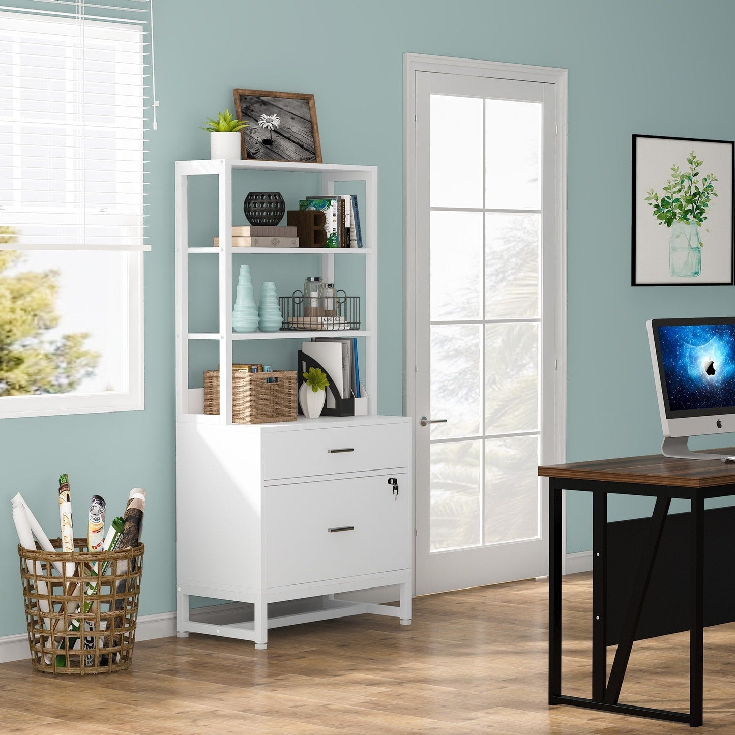 Armoire à dossiers avec 2 tiroirs, meuble de rangement moderne pour imprimante avec serrure