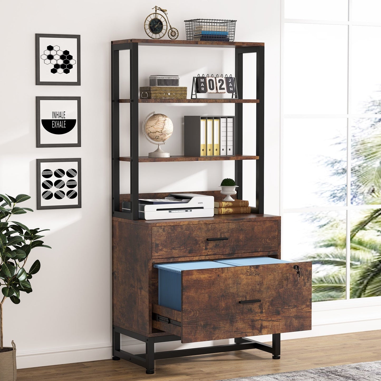Armoire à dossiers avec 2 tiroirs, meuble de rangement moderne pour imprimante avec serrure