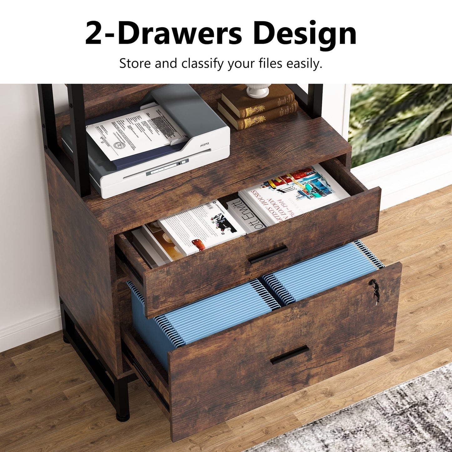 Armoire à dossiers avec 2 tiroirs, meuble de rangement moderne pour imprimante avec serrure