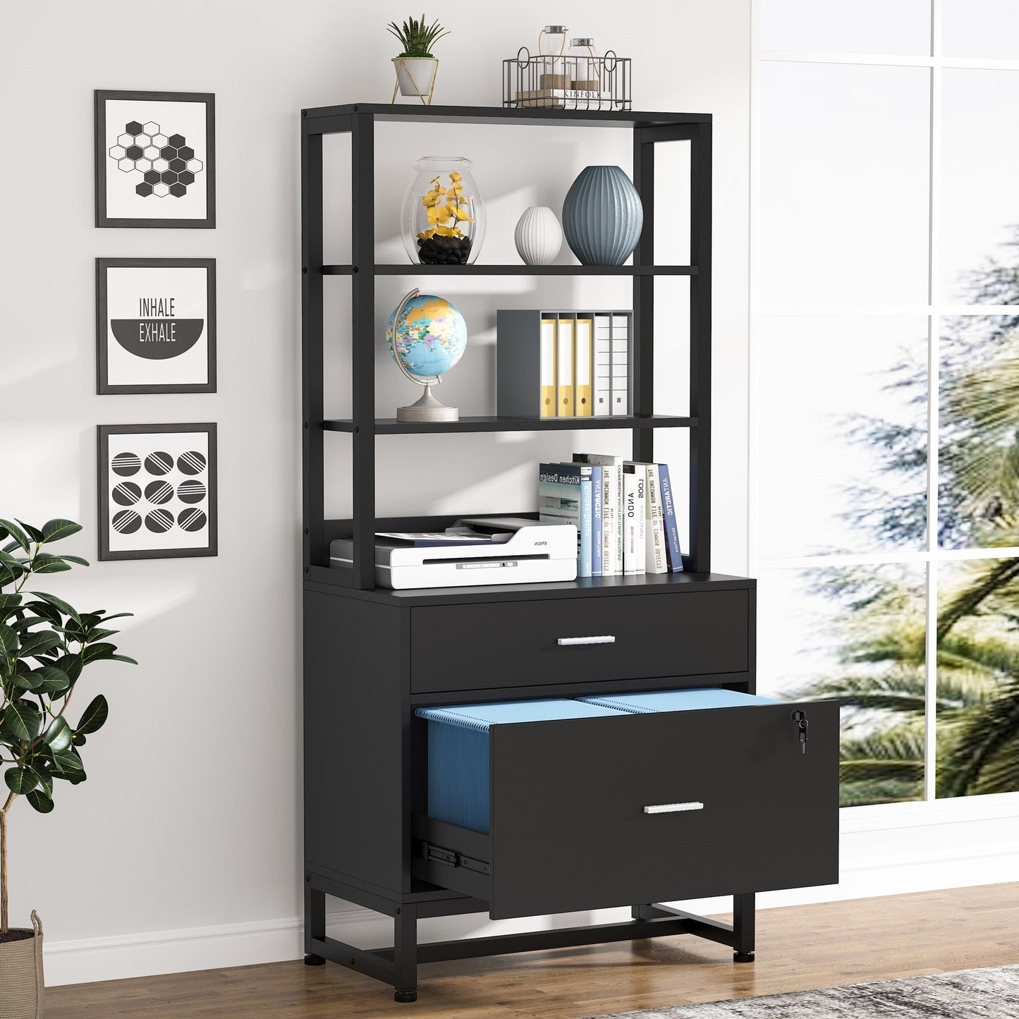 Armoire à dossiers avec 2 tiroirs, meuble de rangement moderne pour imprimante avec serrure