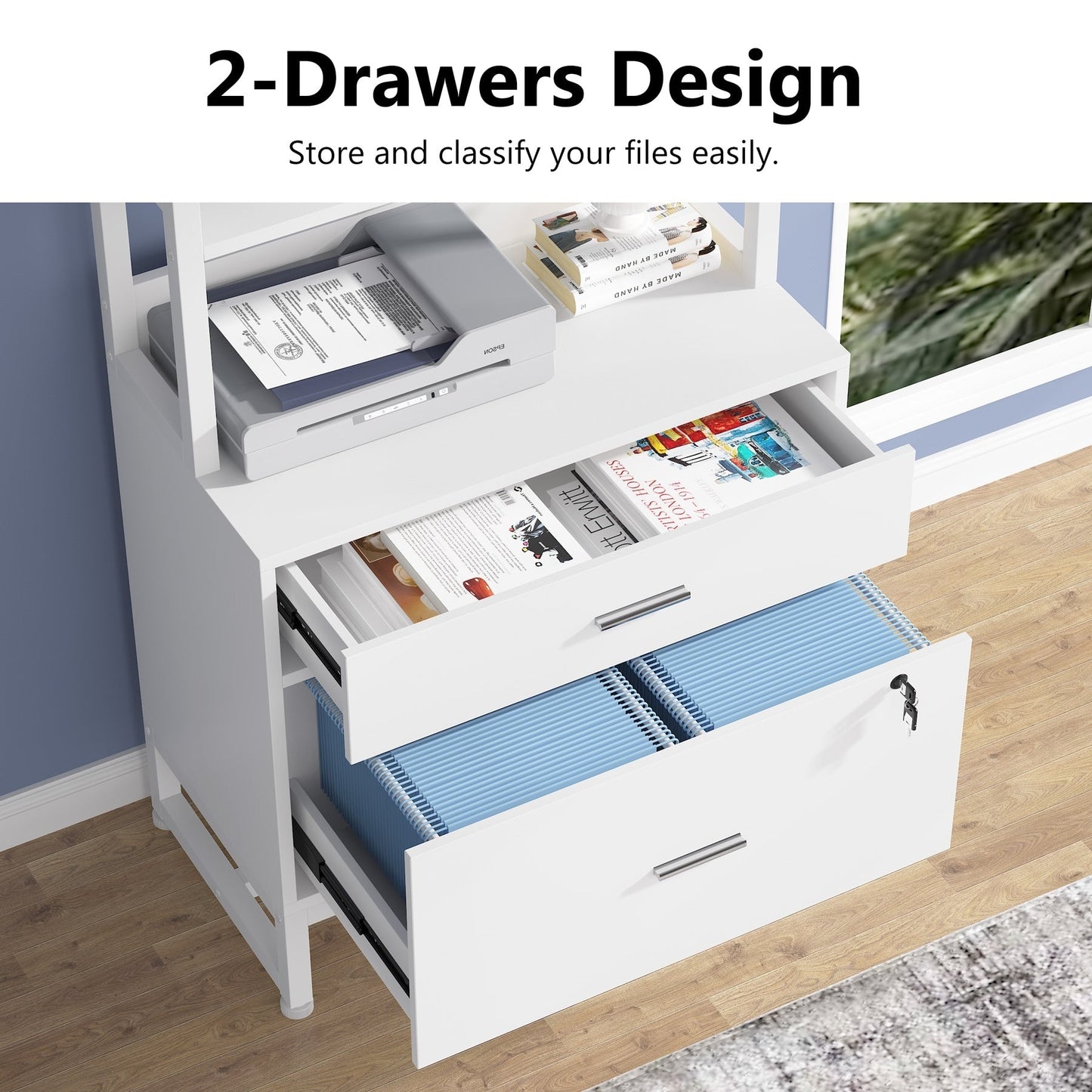 Armoire à dossiers avec 2 tiroirs, meuble de rangement moderne pour imprimante avec serrure
