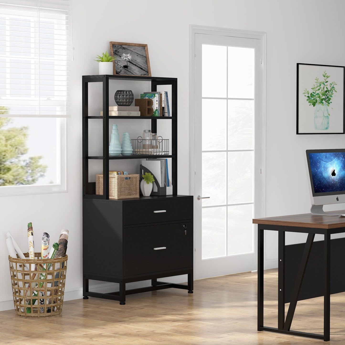 Armoire à dossiers avec 2 tiroirs, meuble de rangement moderne pour imprimante avec serrure
