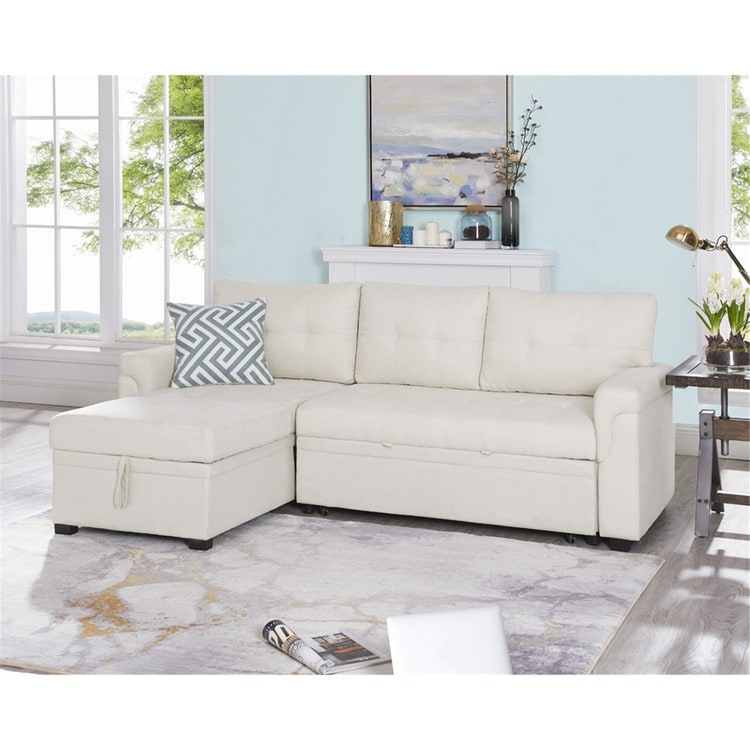 Canapé d'angle convertible et réversible avec lit escamotable, chaise longue avec rangement intégré et pieds robustes.
