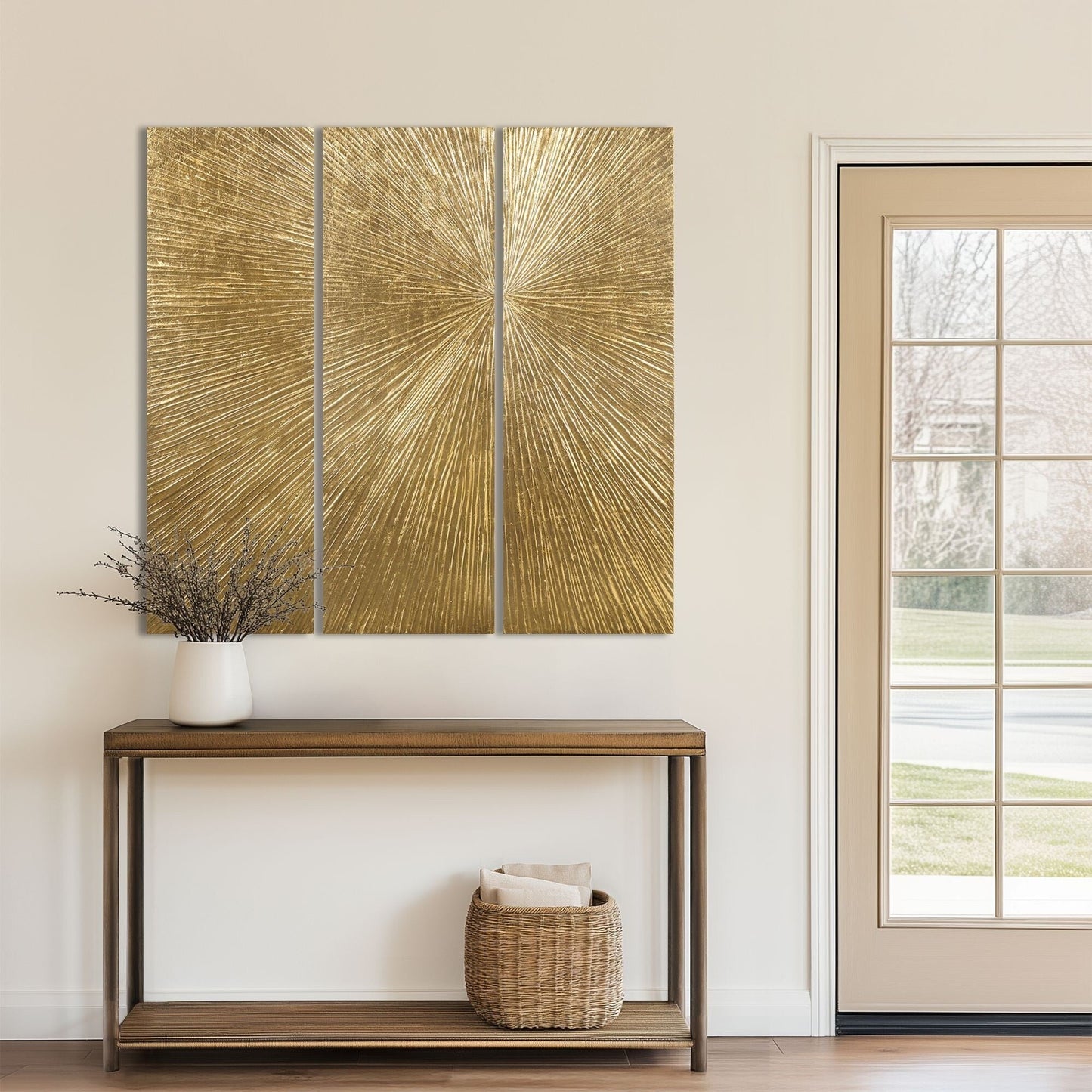 Ensemble de 3 tableaux muraux en résine multidimensionnelle, style triptyque, à motif de soleil rayonnant, peint à la main, de la marque Madison Park Signature.