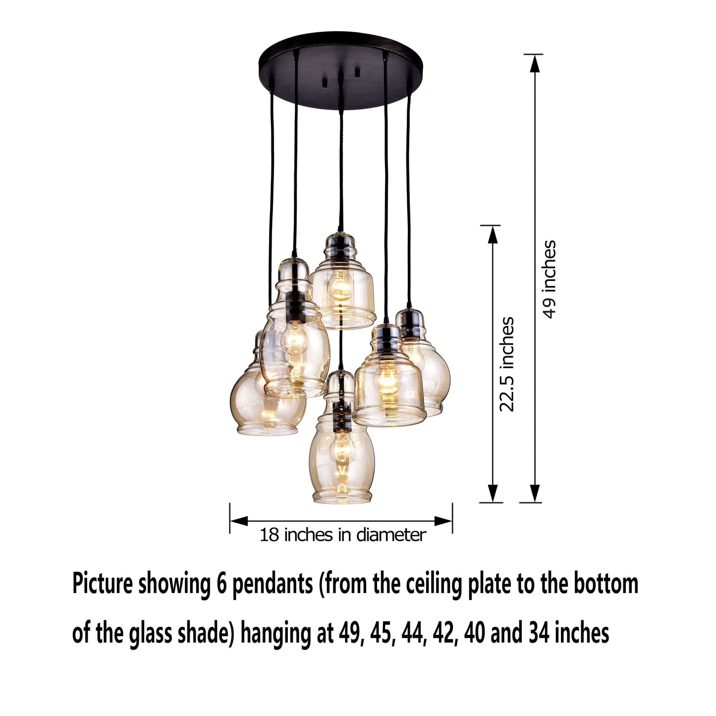 Suspension à 6 lumières Mariana en verre Cognac, noir antique et base ronde