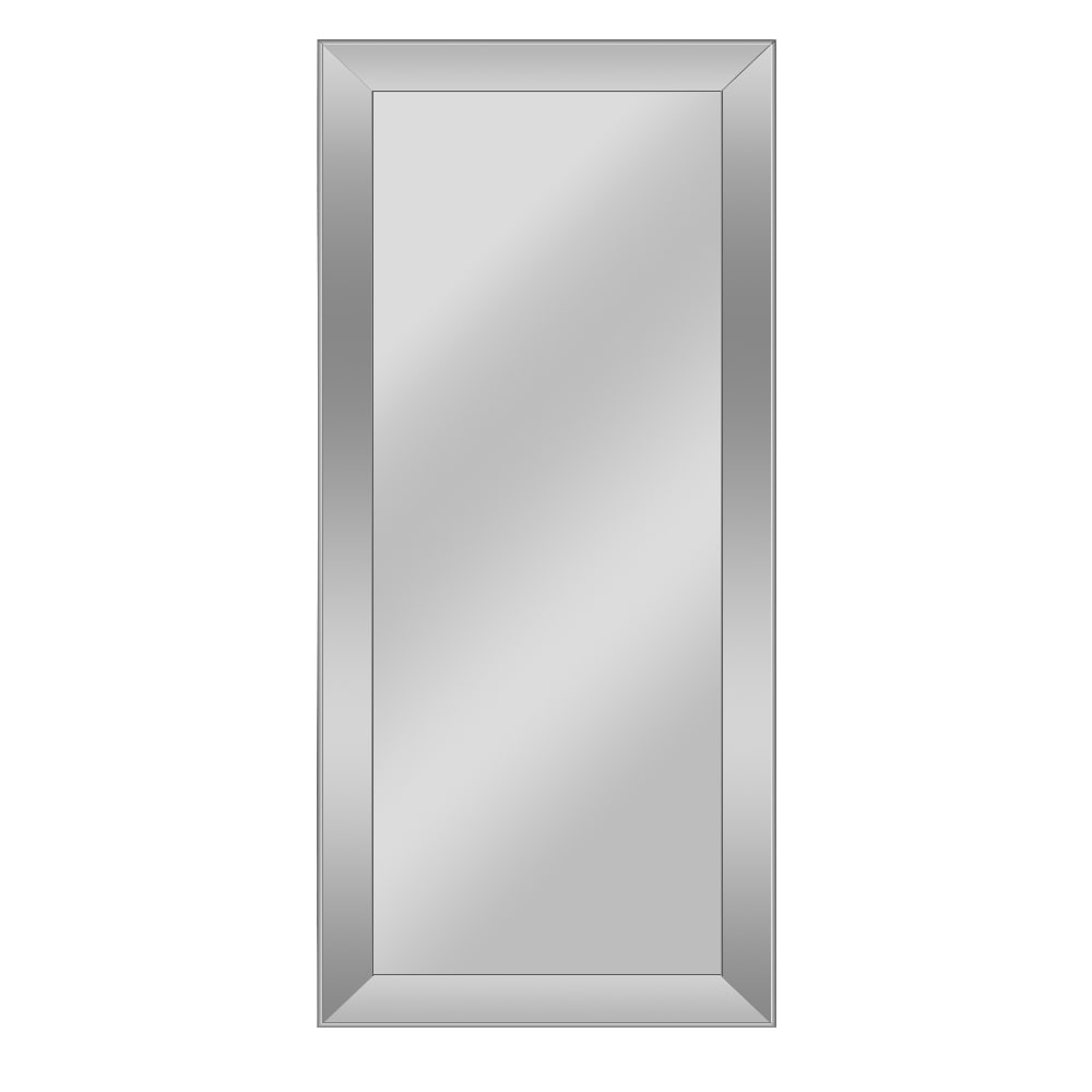 Miroir mural argenté à longueur corporelle, biseauté, réfléchissant et au design métallique élégant.