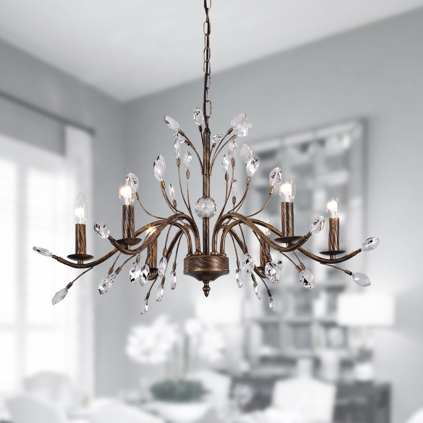 Luminaire suspendu en forme de branche d'arbre rétro style ferme avec lustre en cristal et bougie.