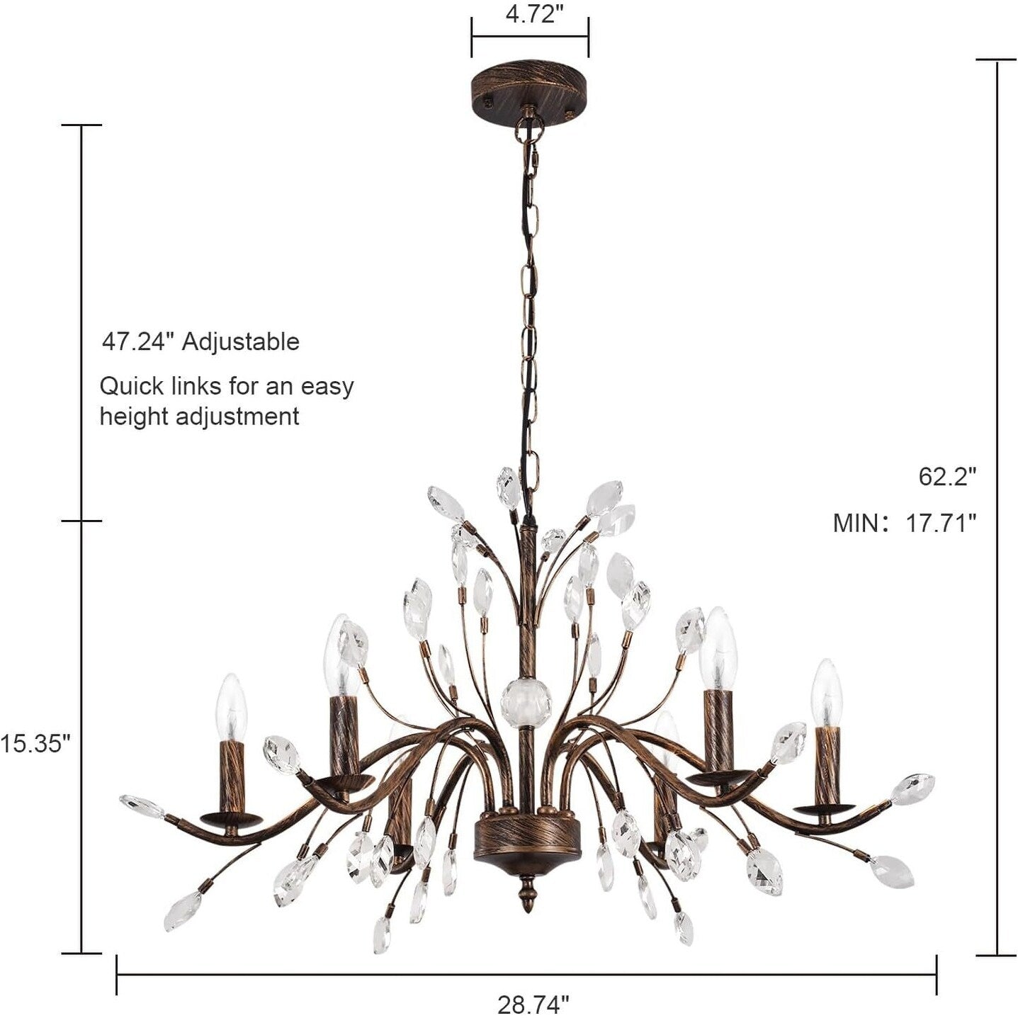 Luminaire suspendu en forme de branche d'arbre rétro style ferme avec lustre en cristal et bougie.