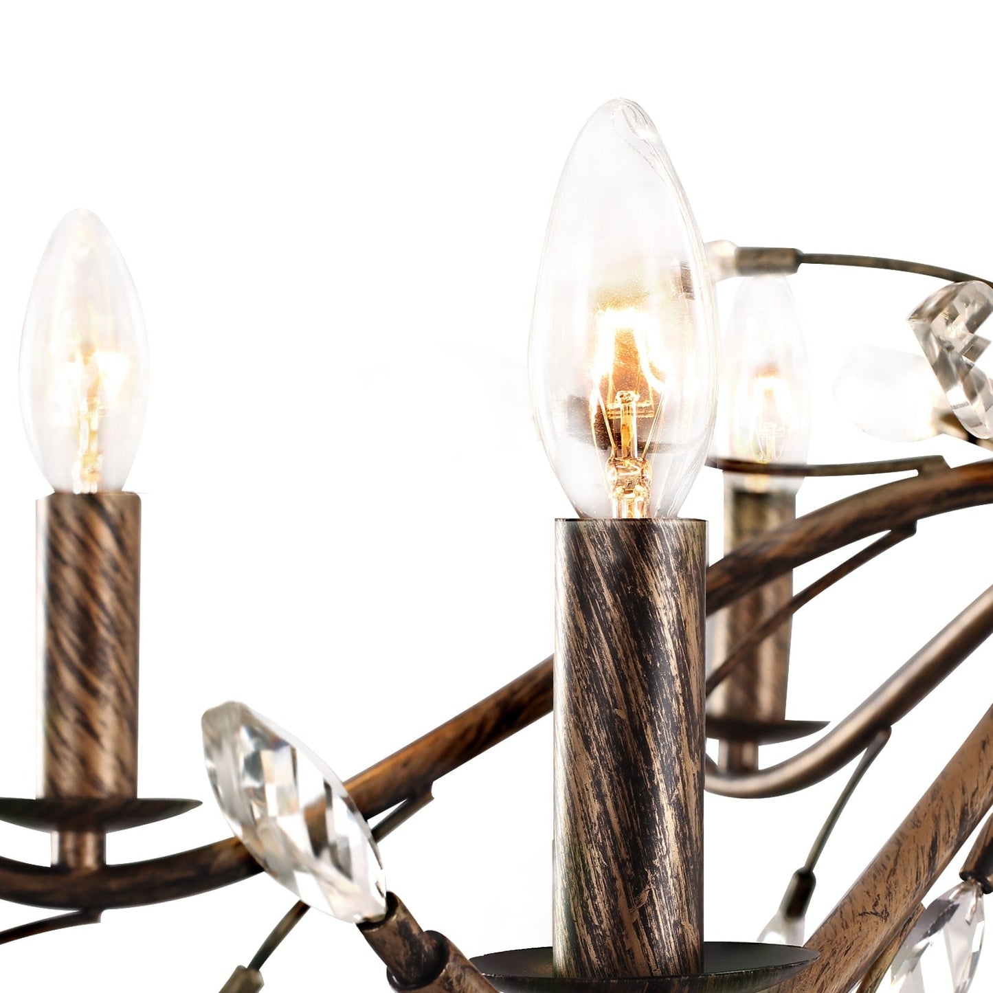 Luminaire suspendu en forme de branche d'arbre rétro style ferme avec lustre en cristal et bougie.