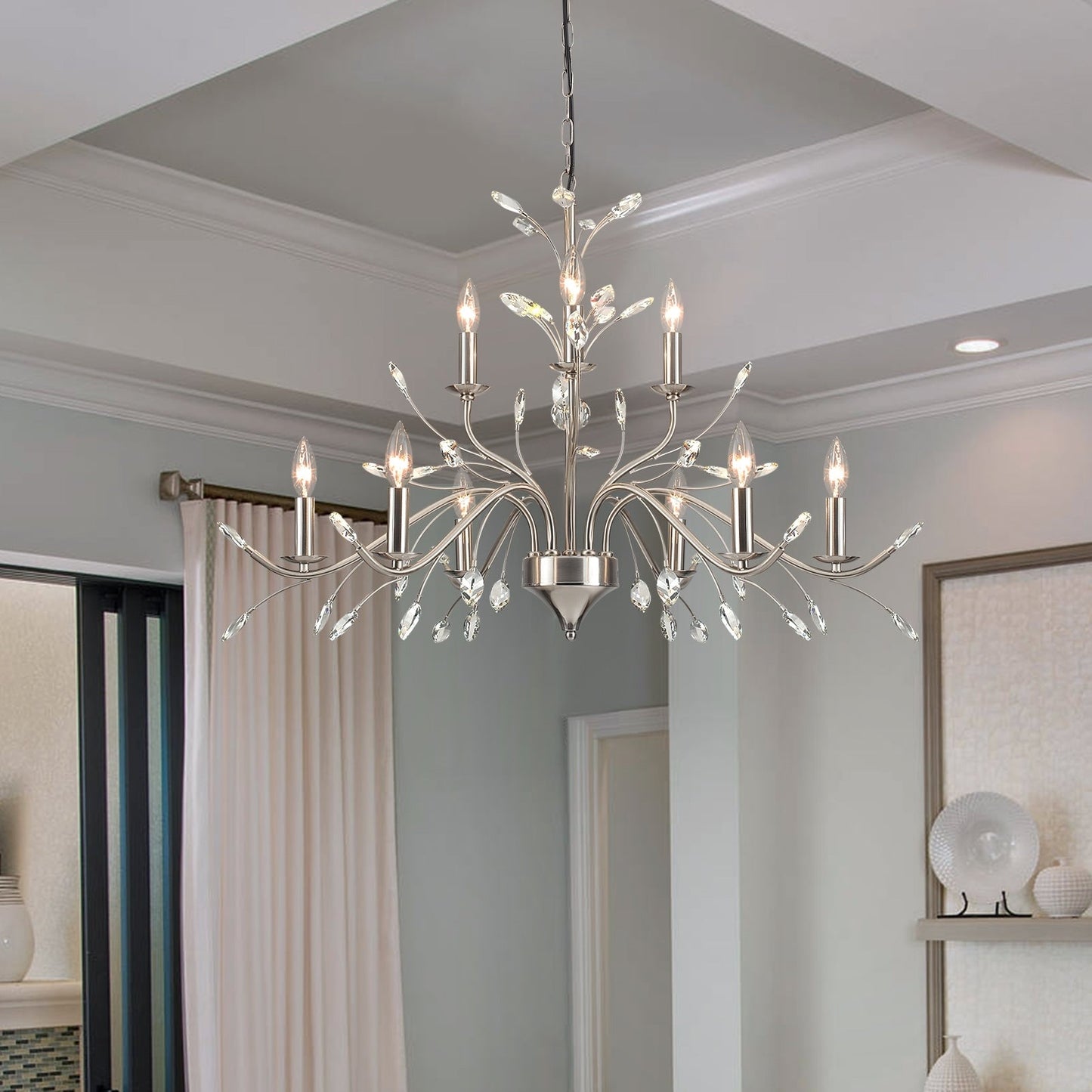 Luminaire suspendu en forme de branche d'arbre rétro style ferme avec lustre en cristal et bougie.