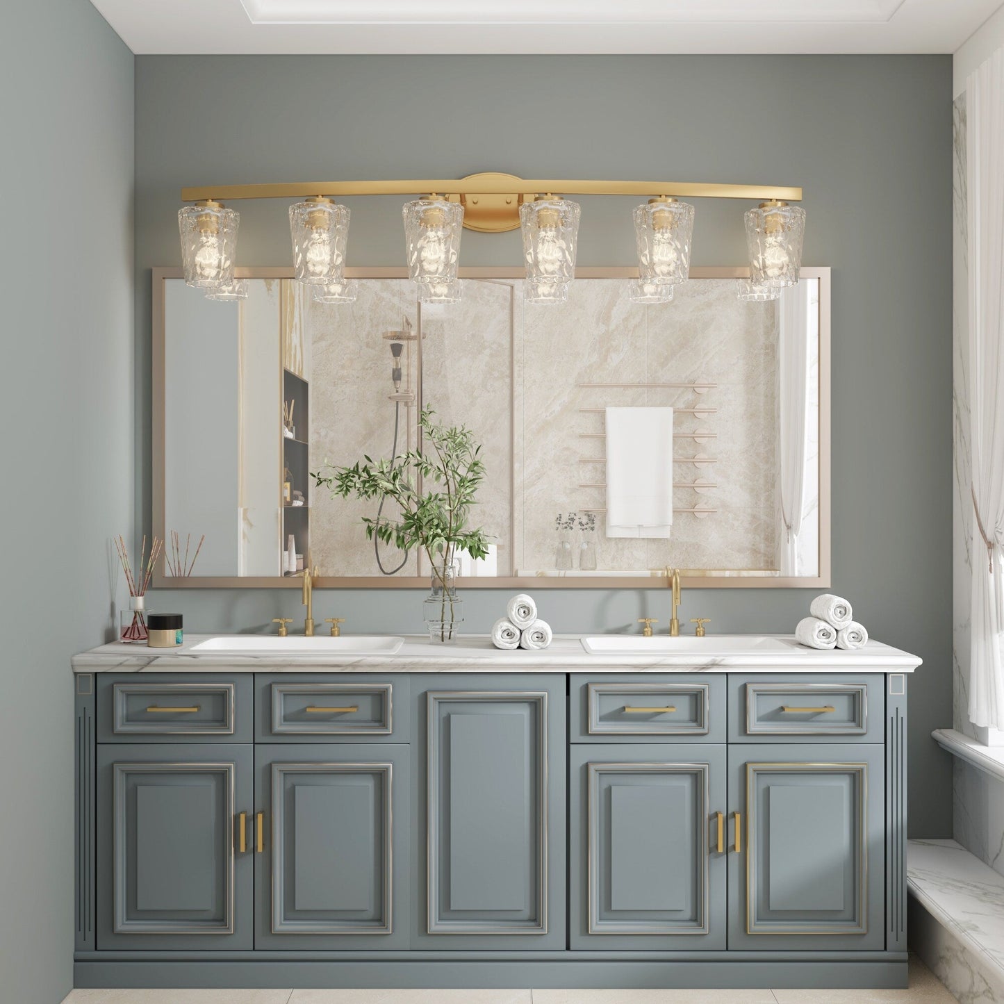 Applique salle de bain à 6 lumières LED à intensité variable, style moderne du milieu du siècle, avec verre décoratif - 51 pouces