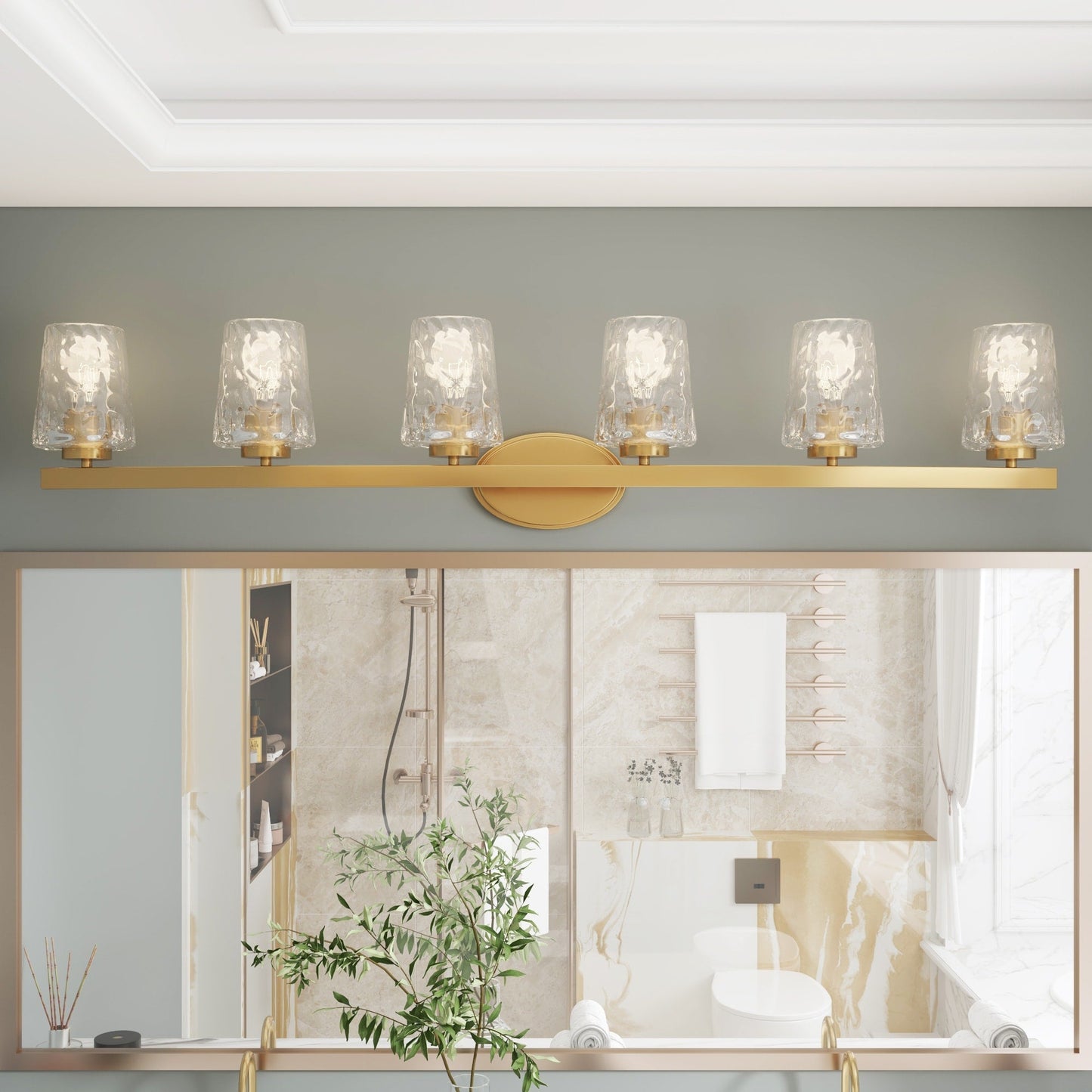 Applique salle de bain à 6 lumières LED à intensité variable, style moderne du milieu du siècle, avec verre décoratif - 51 pouces