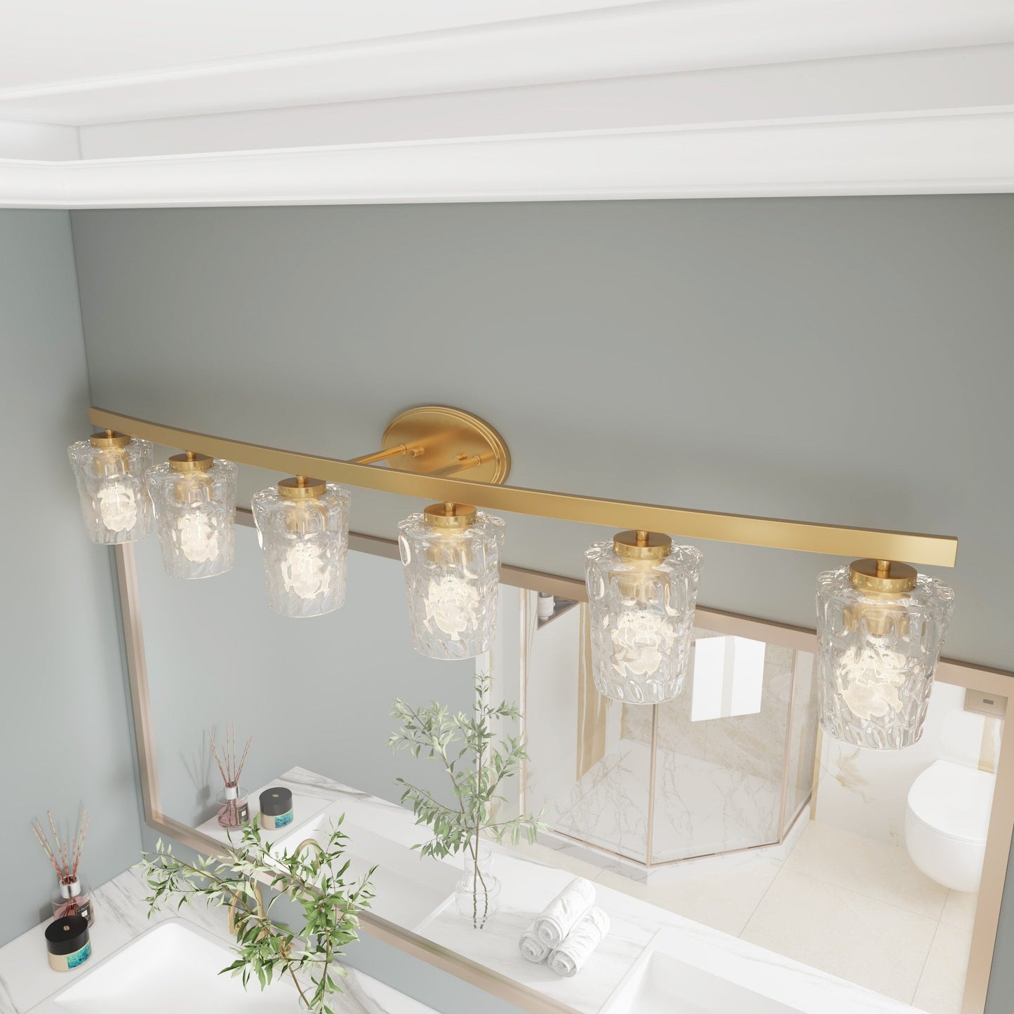 Applique salle de bain à 6 lumières LED à intensité variable, style moderne du milieu du siècle, avec verre décoratif - 51 pouces