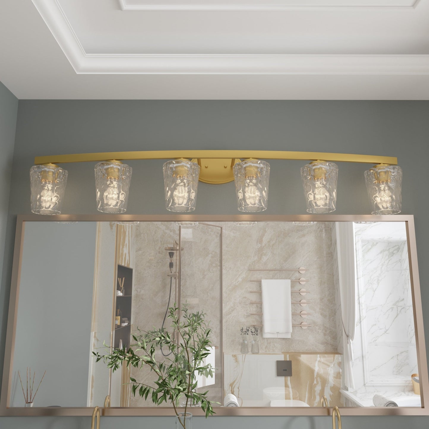 Applique salle de bain à 6 lumières LED à intensité variable, style moderne du milieu du siècle, avec verre décoratif - 51 pouces