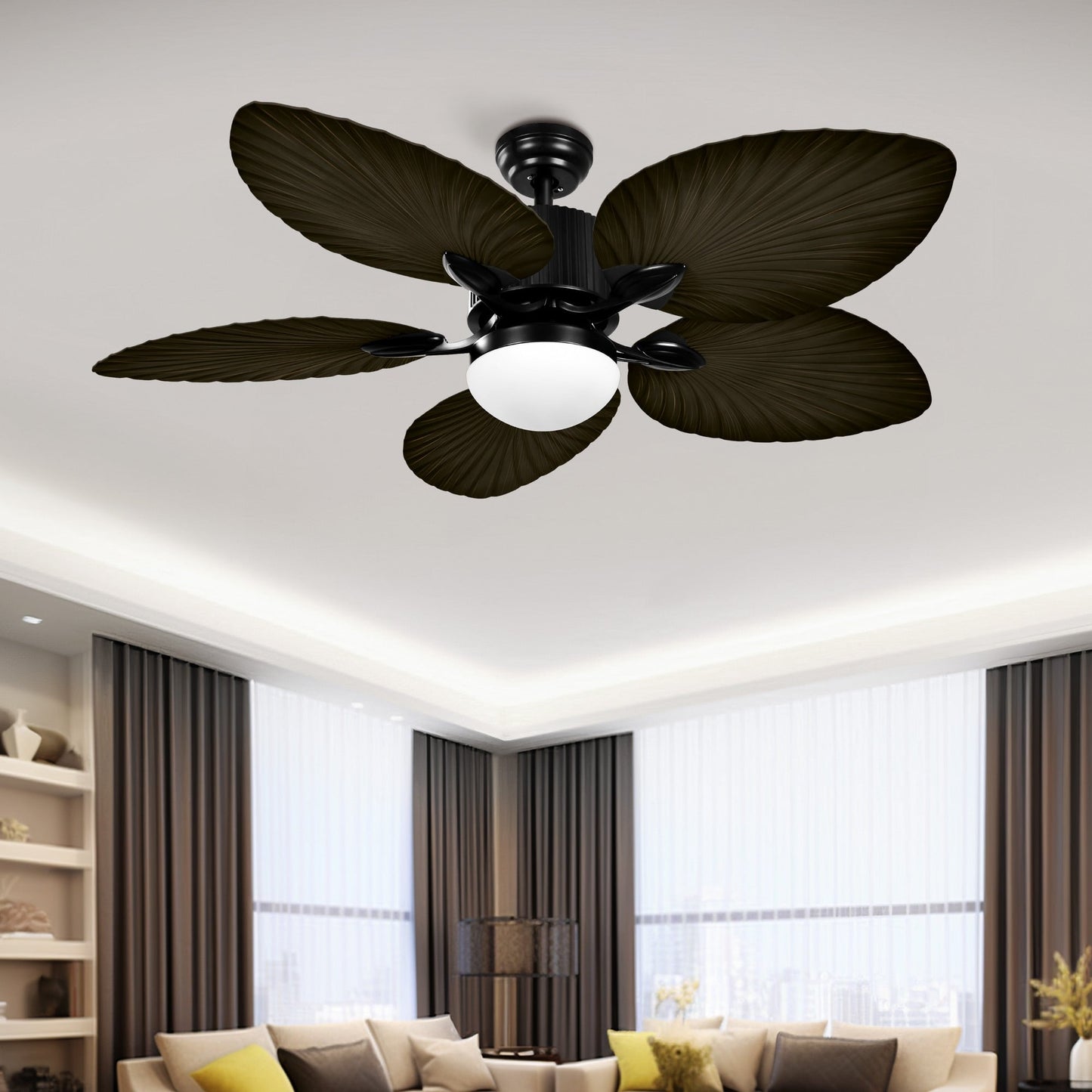 Ventilateur de plafond Moasis à 52 pales en forme de feuille de palmier avec éclairage, style tropical, avec télécommande