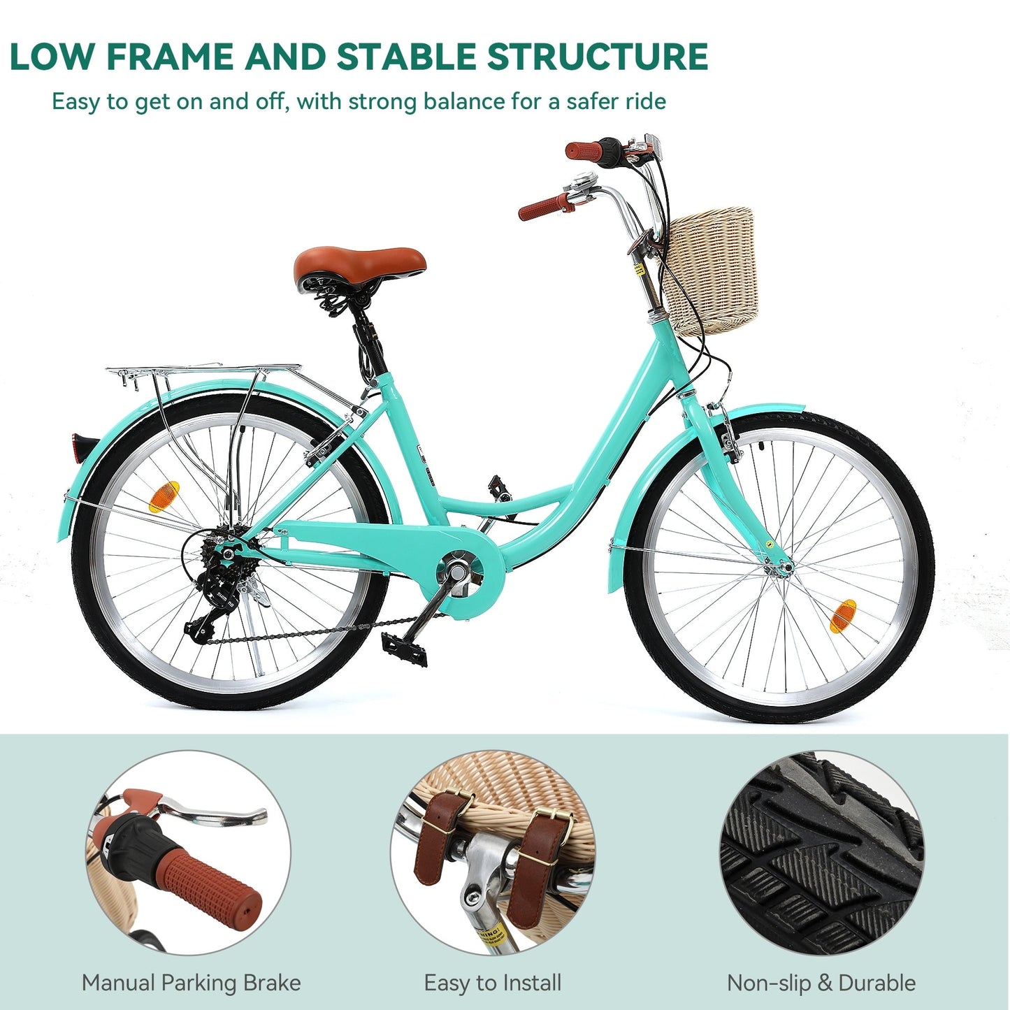 Moasis24/26 Vélo Cruiser 7 vitesses, vélo à pas réglable, vélo de ville, vélo à bicyclette