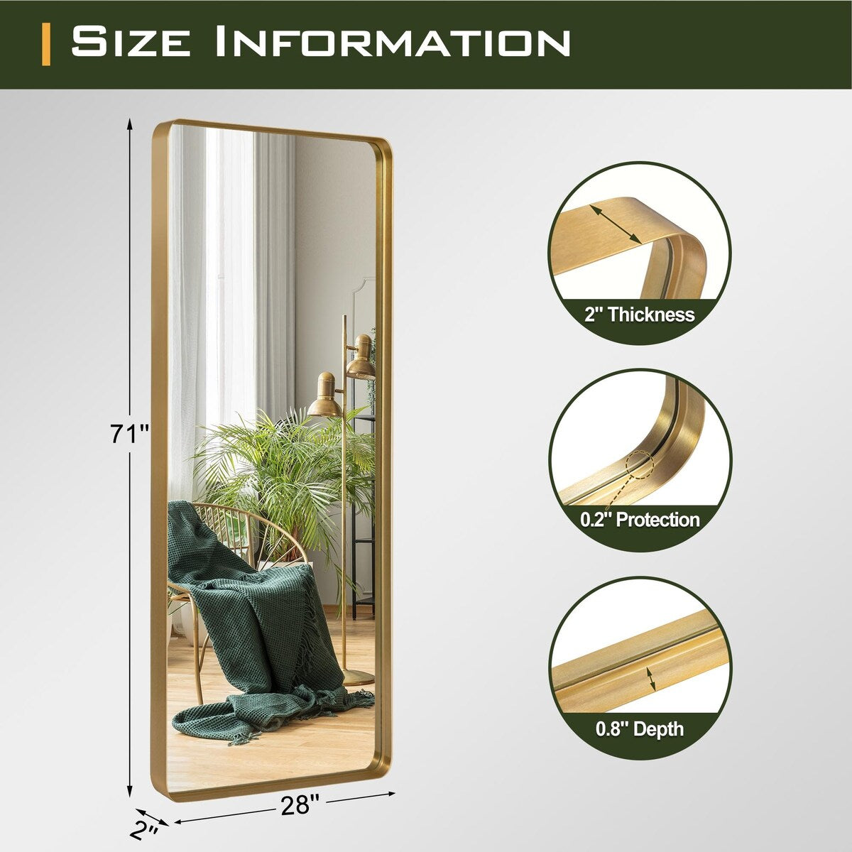 Grand miroir rectangulaire profond en alliage d'aluminium moderne, à fixer au mur - 71*28