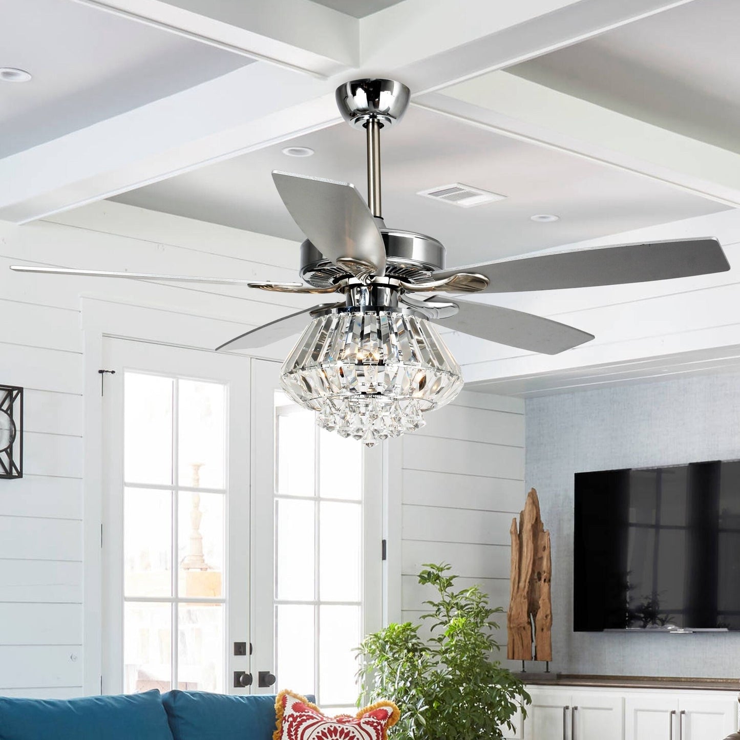 Ventilateur de plafond à lustre en cristal chromé moderne de 52 pouces avec télécommande