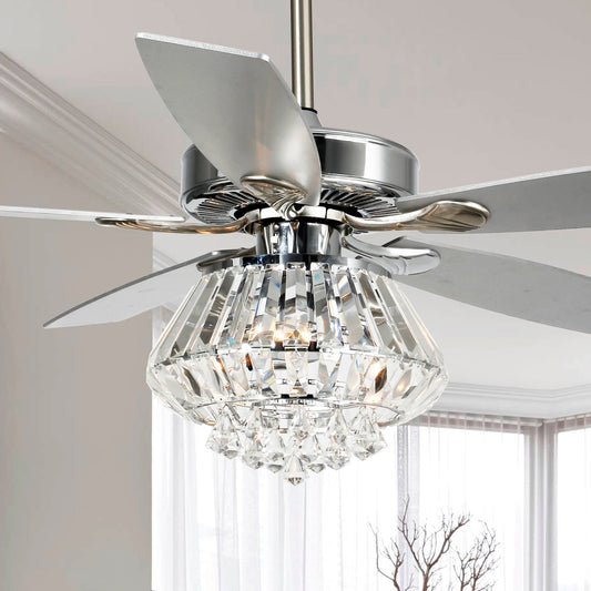 Ventilateur de plafond à lustre en cristal chromé moderne de 52 pouces avec télécommande