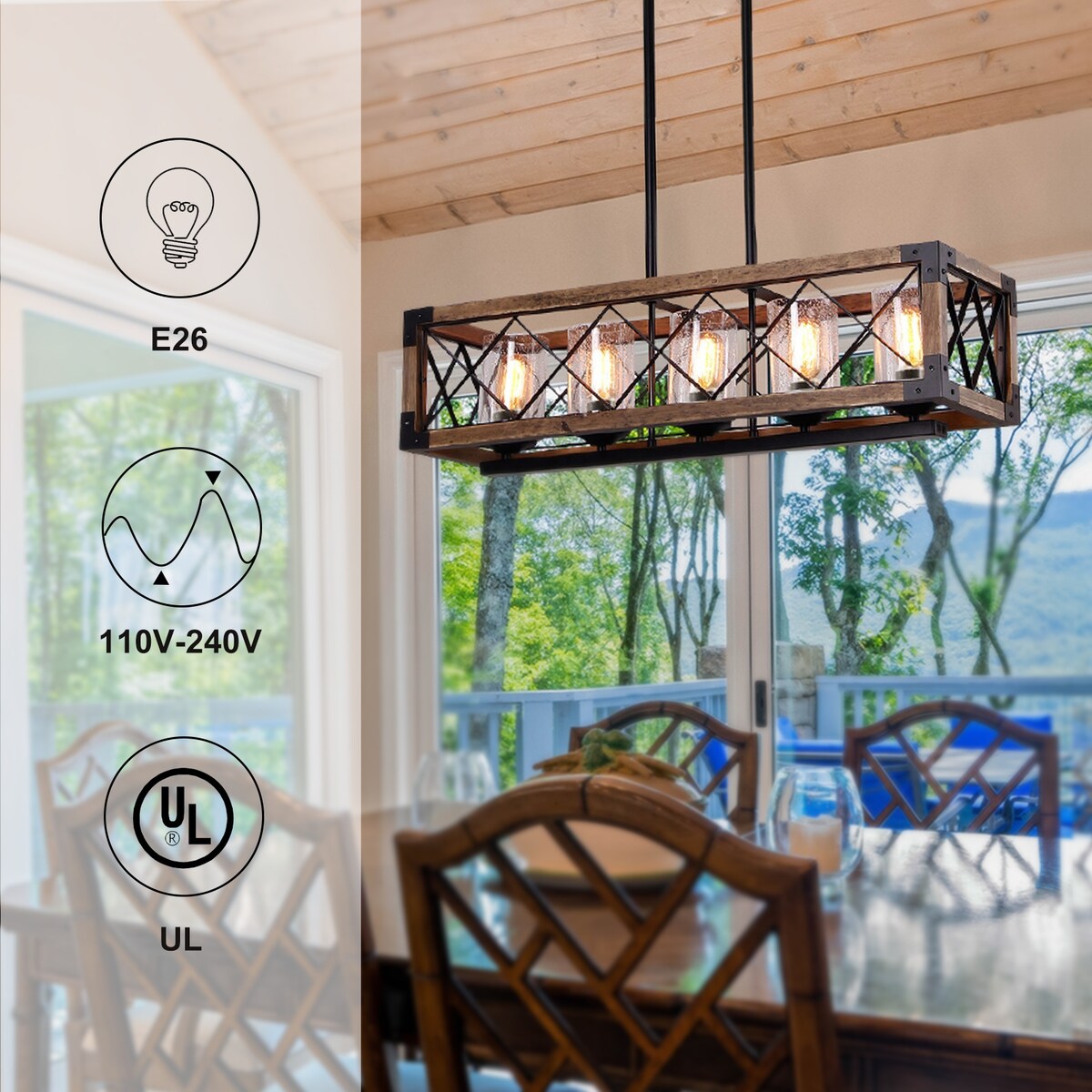Luminaire suspendu rectangulaire en bois à 5 lumières, style ferme moderne, avec verre dépoli, pour îlot de cuisine, salle à manger - 80 L x 22,2 W x 20,3 H (cm)