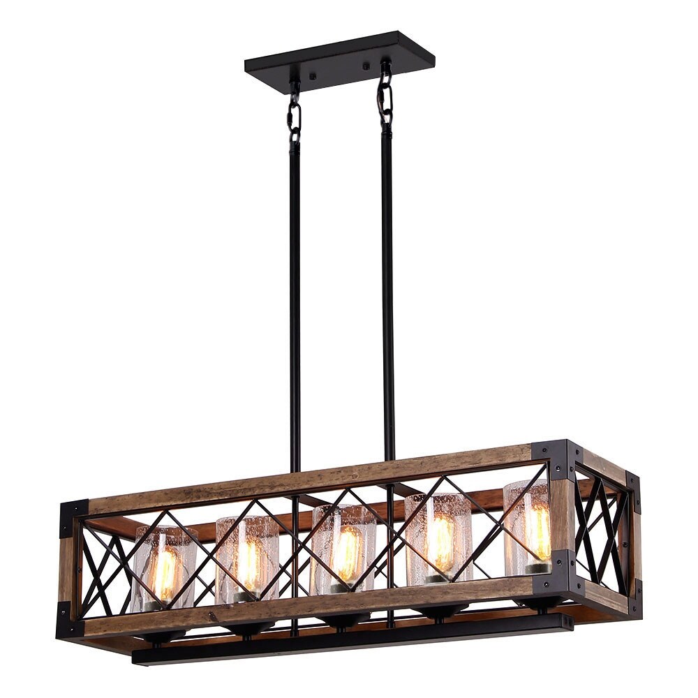 Luminaire suspendu rectangulaire en bois à 5 lumières, style ferme moderne, avec verre dépoli, pour îlot de cuisine, salle à manger - 80 L x 22,2 W x 20,3 H (cm)