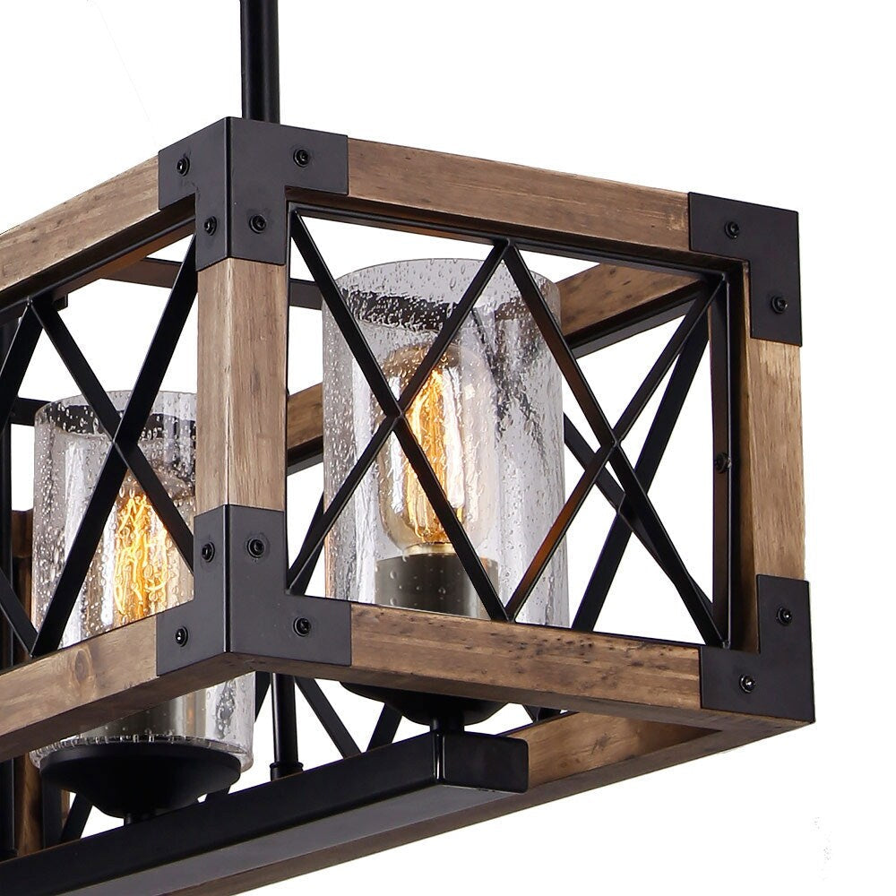 Luminaire suspendu rectangulaire en bois à 5 lumières, style ferme moderne, avec verre dépoli, pour îlot de cuisine, salle à manger - 80 L x 22,2 W x 20,3 H (cm)