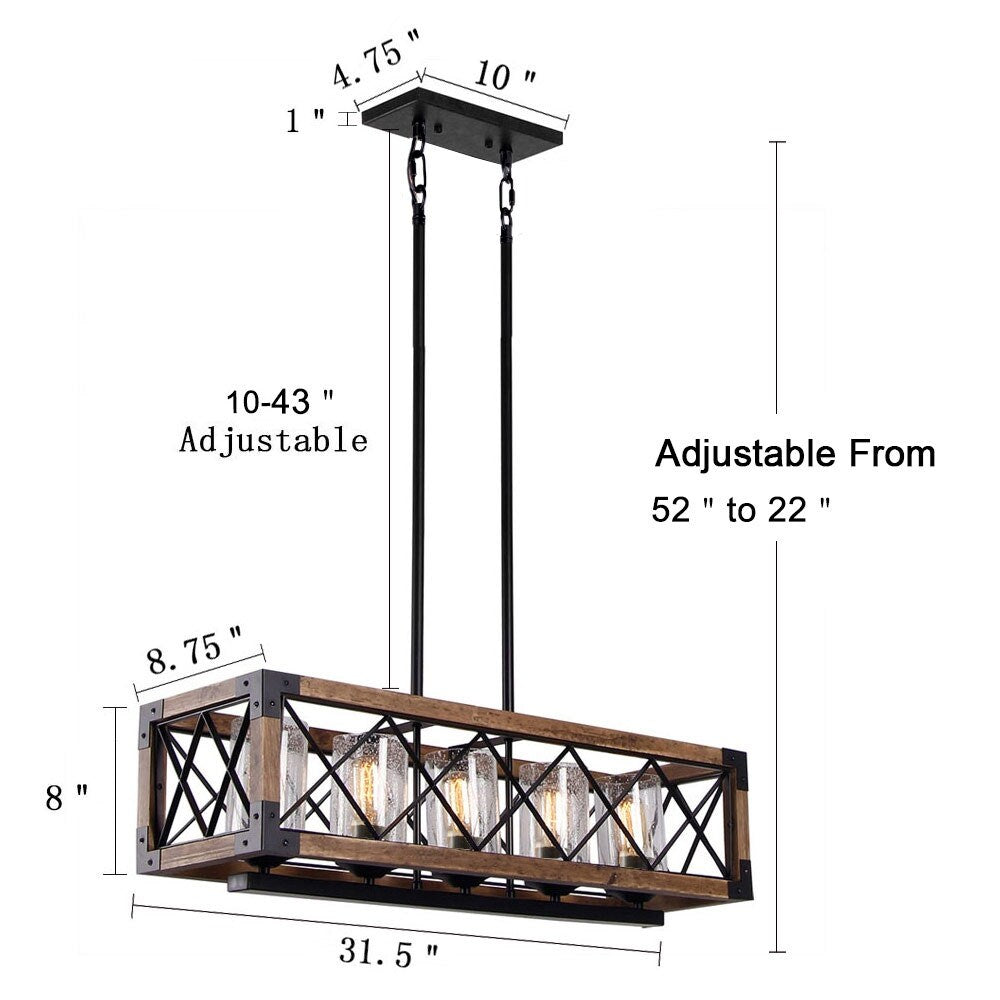 Luminaire suspendu rectangulaire en bois à 5 lumières, style ferme moderne, avec verre dépoli, pour îlot de cuisine, salle à manger - 80 L x 22,2 W x 20,3 H (cm)