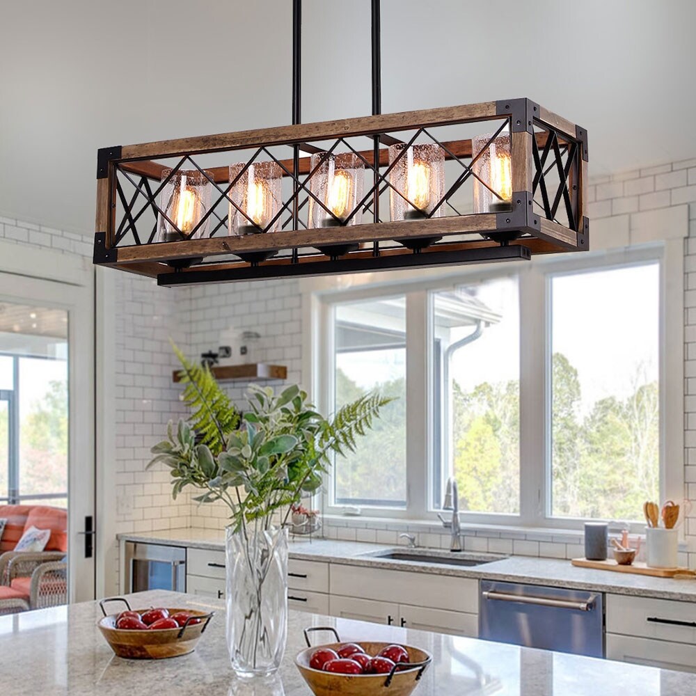 Luminaire suspendu rectangulaire en bois à 5 lumières, style ferme moderne, avec verre dépoli, pour îlot de cuisine, salle à manger - 80 L x 22,2 W x 20,3 H (cm)