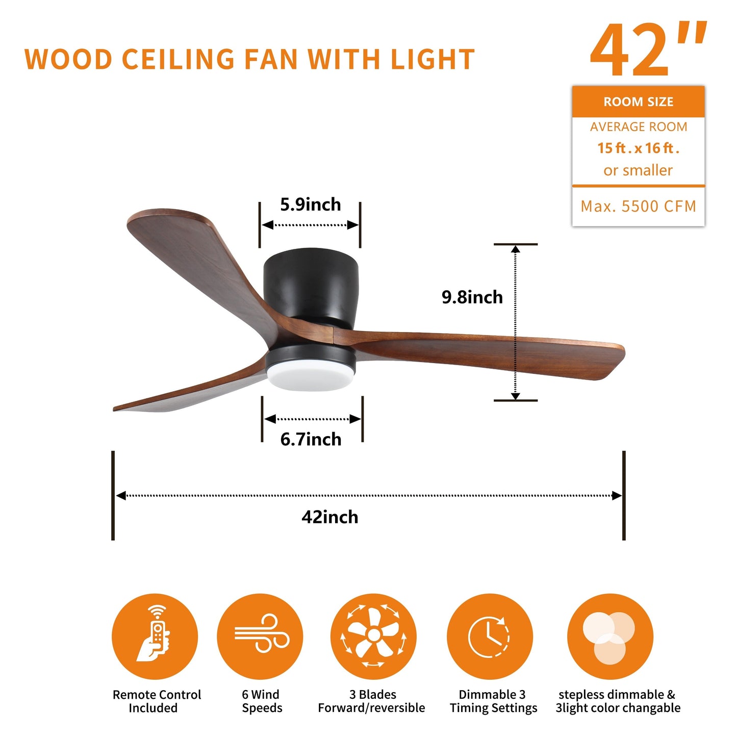 Ventilateurs de plafond à suspension moderne avec éclairage LED dimmable et télécommande, ventilateurs de plafond réversibles de 42 pouces pour salon, noir.