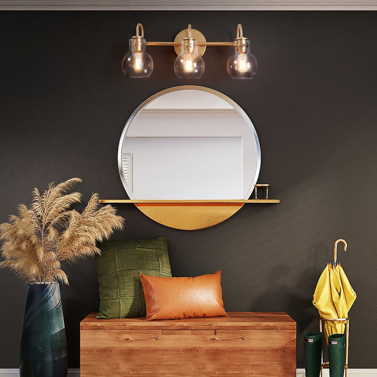 Applique murale moderne dorée à 3 lumières pour salle de bain, avec abat-jour sphérique en verre.