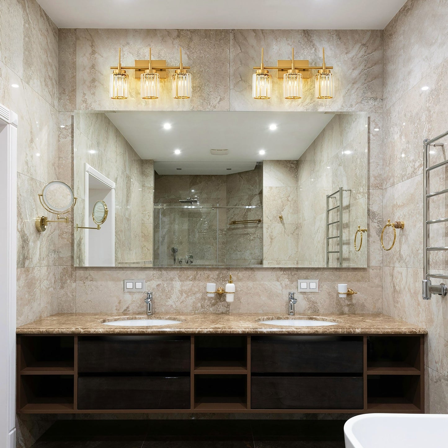 Applique murale moderne dorée à intensité variable, cylindre glamour, luminaire de salle de bain avec cristaux, applique murale.