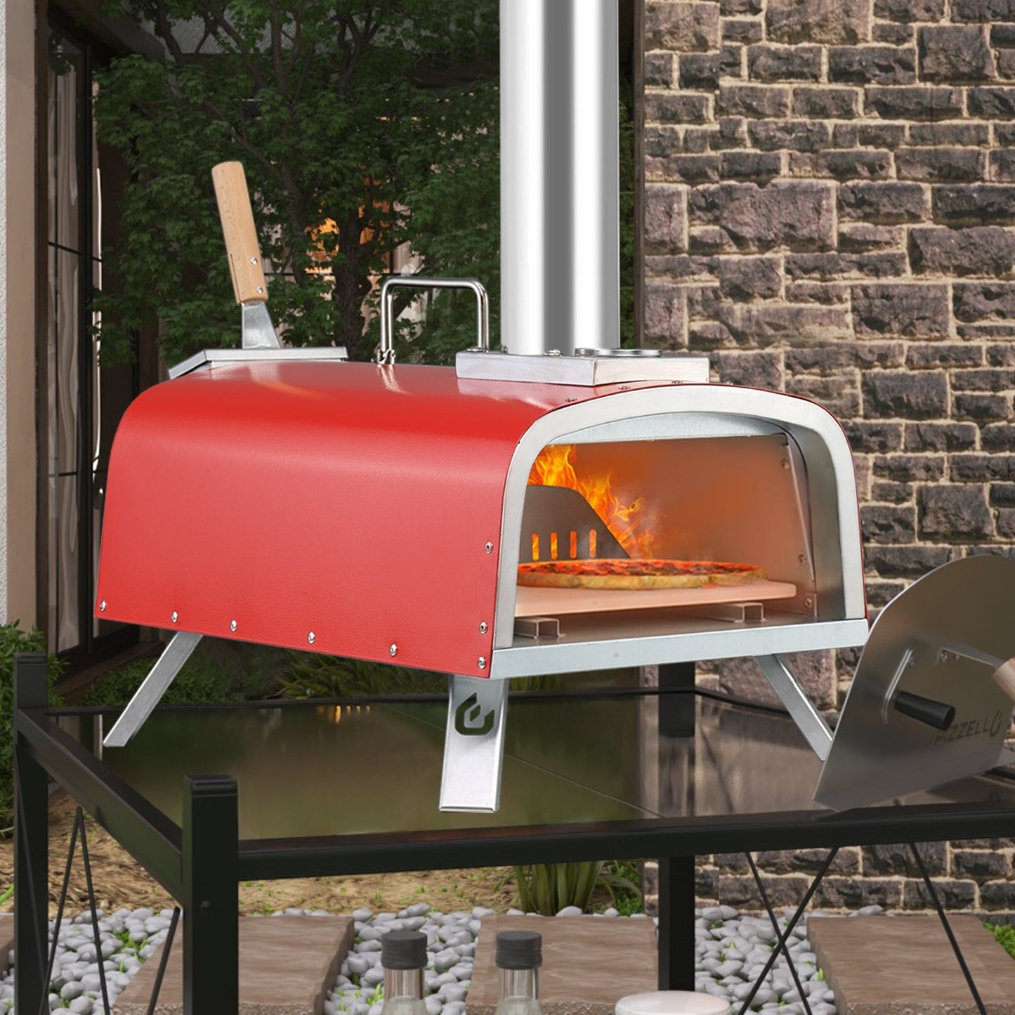 Four à pizza extérieur multi-combustible, cuiseur à pizza sur pierre avec brûleur à gaz et foyer à bois - 12 pouces