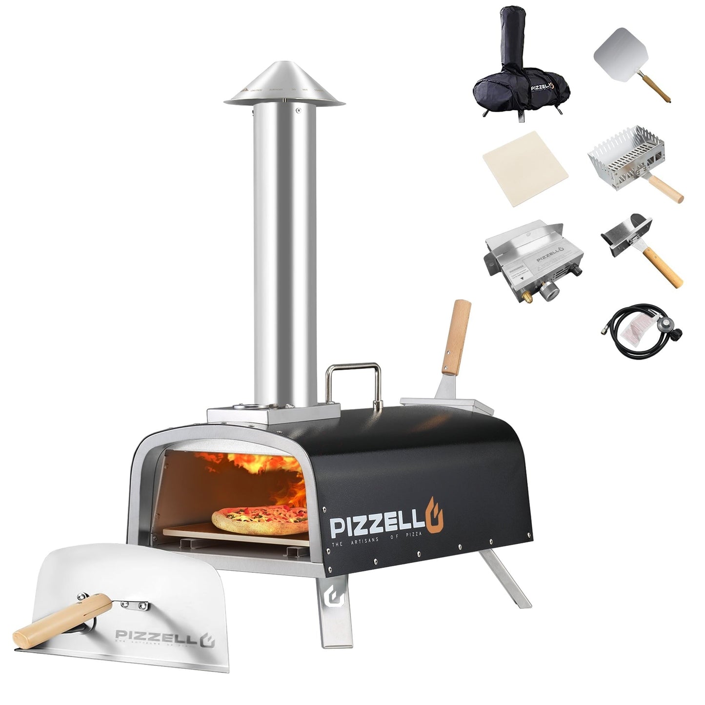Four à pizza extérieur multi-combustible, cuiseur à pizza sur pierre avec brûleur à gaz et foyer à bois - 12 pouces