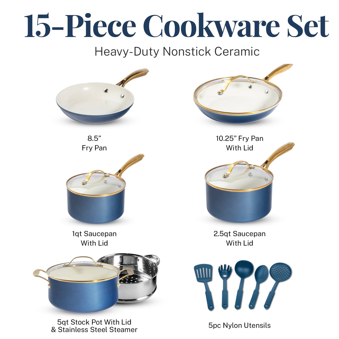 Ensemble de casseroles et poêles Gotham Steel Natural Collection, 15 pièces, revêtement céramique antiadhésif haute performance, couleur marine.