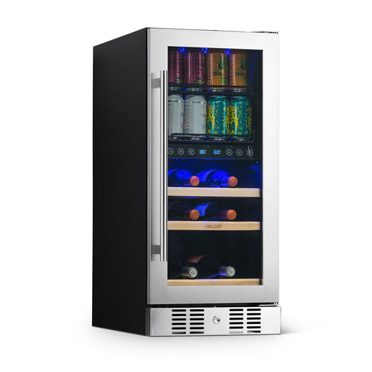 Réfrigérateur à vin et à boissons encastrable NewAir SplitShelf pour 9 bouteilles de vin et 48 canettes, en acier inoxydable.