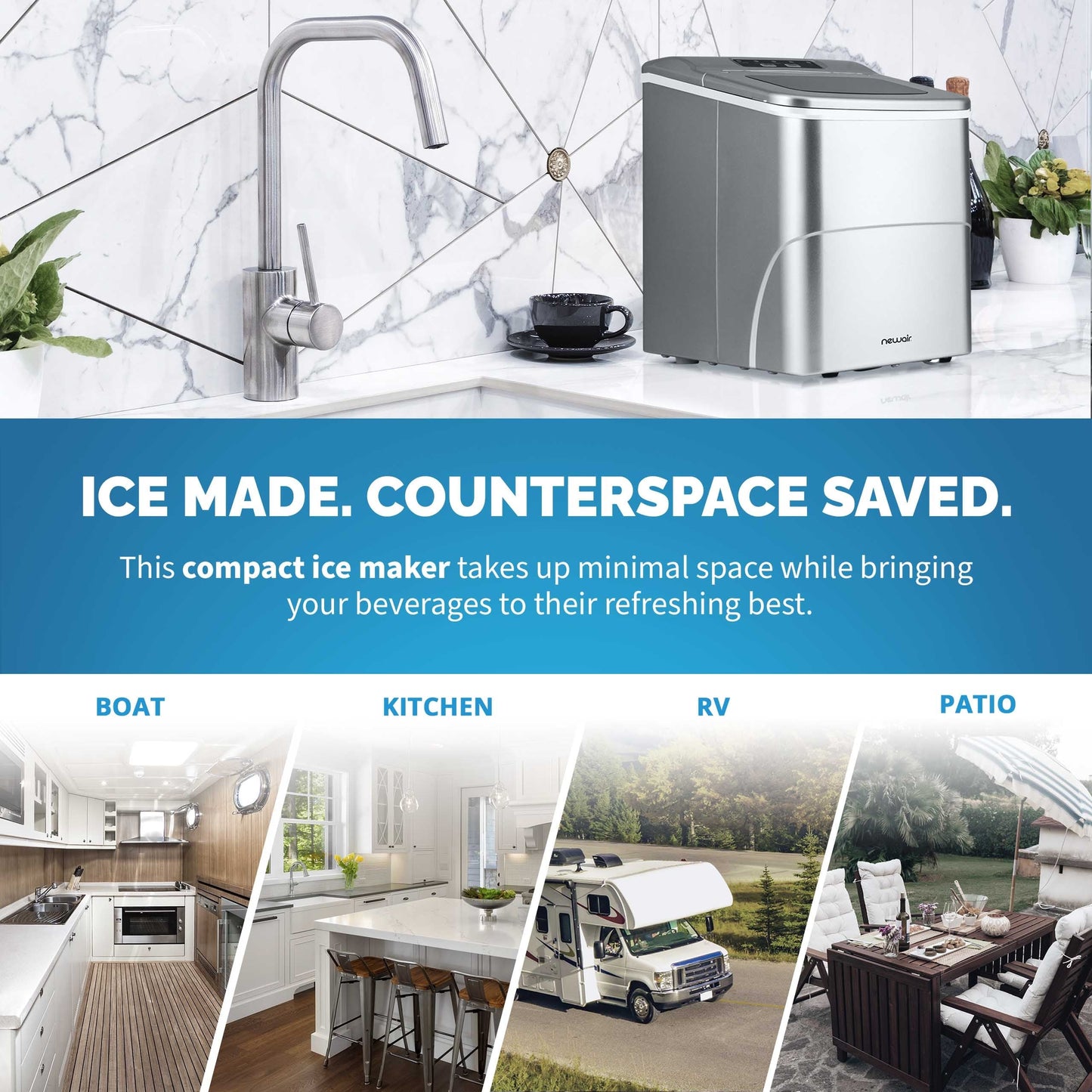 Fabrique de glace de comptoir Newair 26 lbs, portable et légère, commandes intuitives, taille de glace grande ou petite, pièces sans BPA.