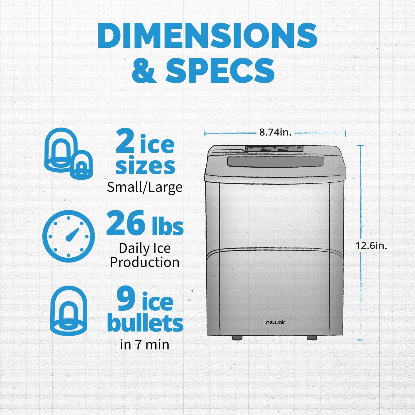 Fabrique de glace de comptoir Newair 26 lbs, portable et légère, commandes intuitives, taille de glace grande ou petite, pièces sans BPA.