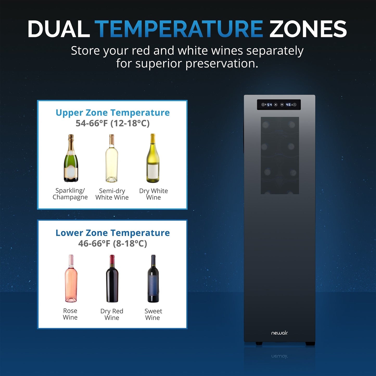 Cave à vin Newair Shadow-T Series, 18 bouteilles, double zone de température, autoportante, thermoélectrique, contrôle numérique.