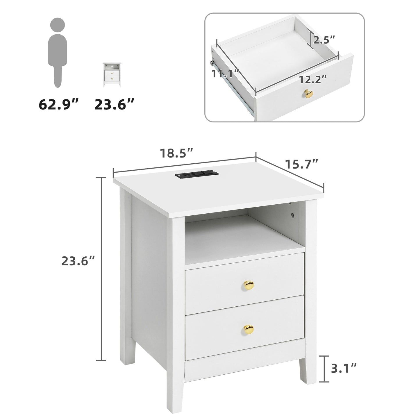 Ensemble de 2 tables de chevet avec station de recharge, table d'appoint avec 2 tiroirs, ports USB et prises électriques, pour lit.