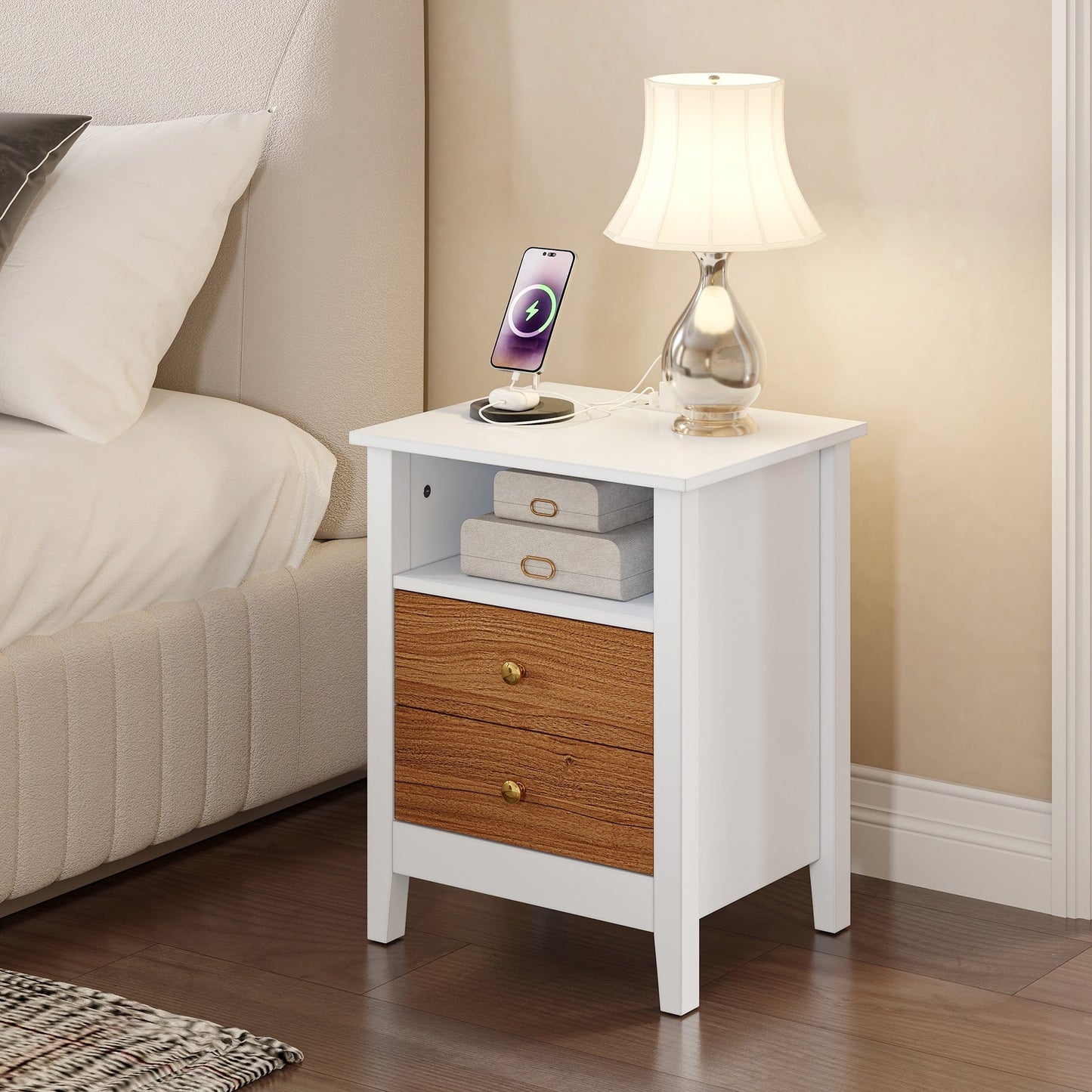 Ensemble de 2 tables de chevet avec station de recharge, table d'appoint avec 2 tiroirs, ports USB et prises électriques, pour lit.