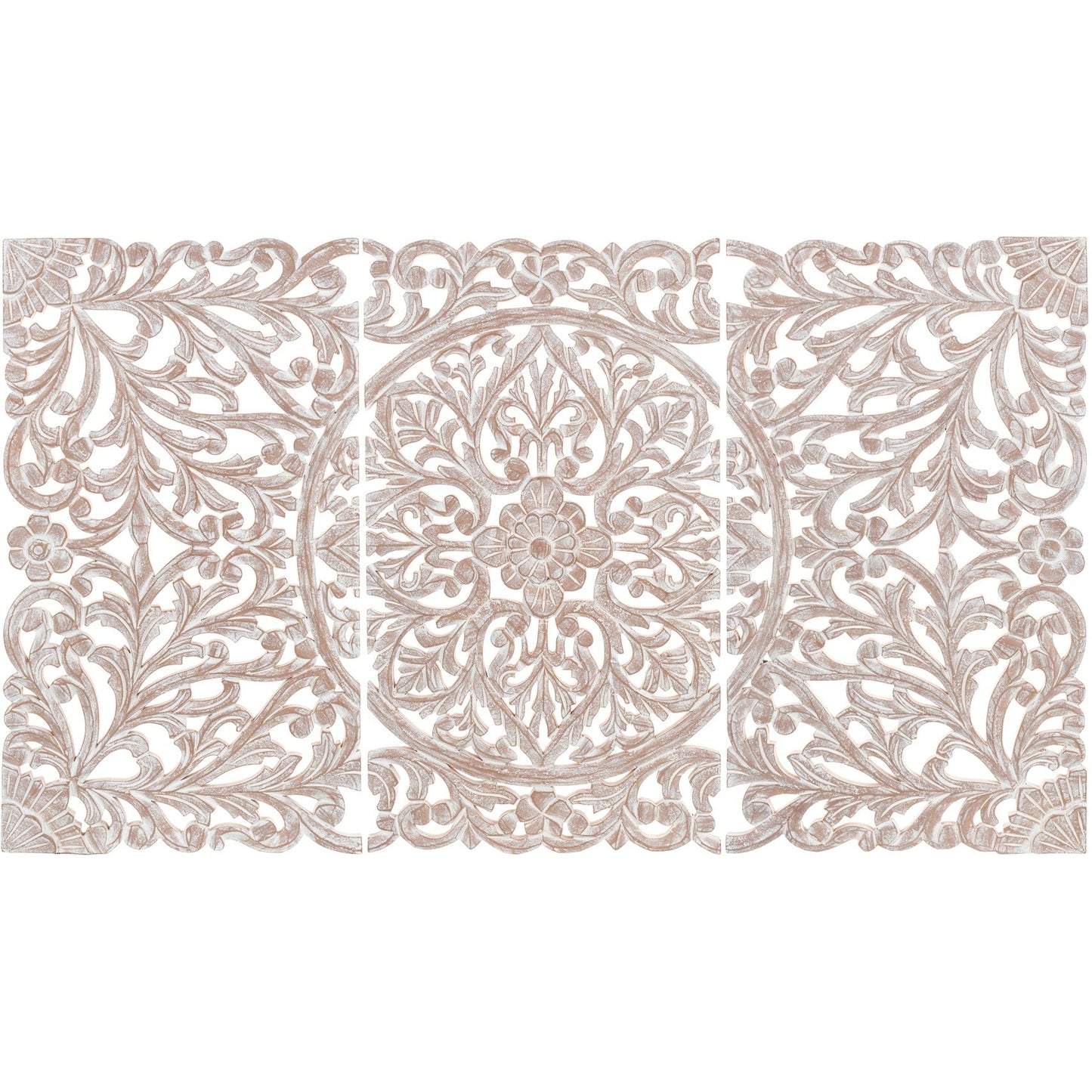 Norma - Tableau mural en bois naturel sculpté à la main, motif floral, 3 panneaux, 122 x 71 cm (48x28 pouces)