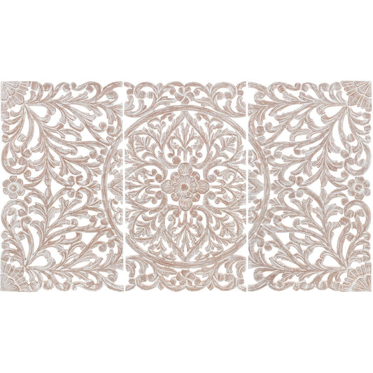 Norma - Tableau mural en bois naturel sculpté à la main, motif floral, 3 panneaux, 122 x 71 cm (48x28 pouces)
